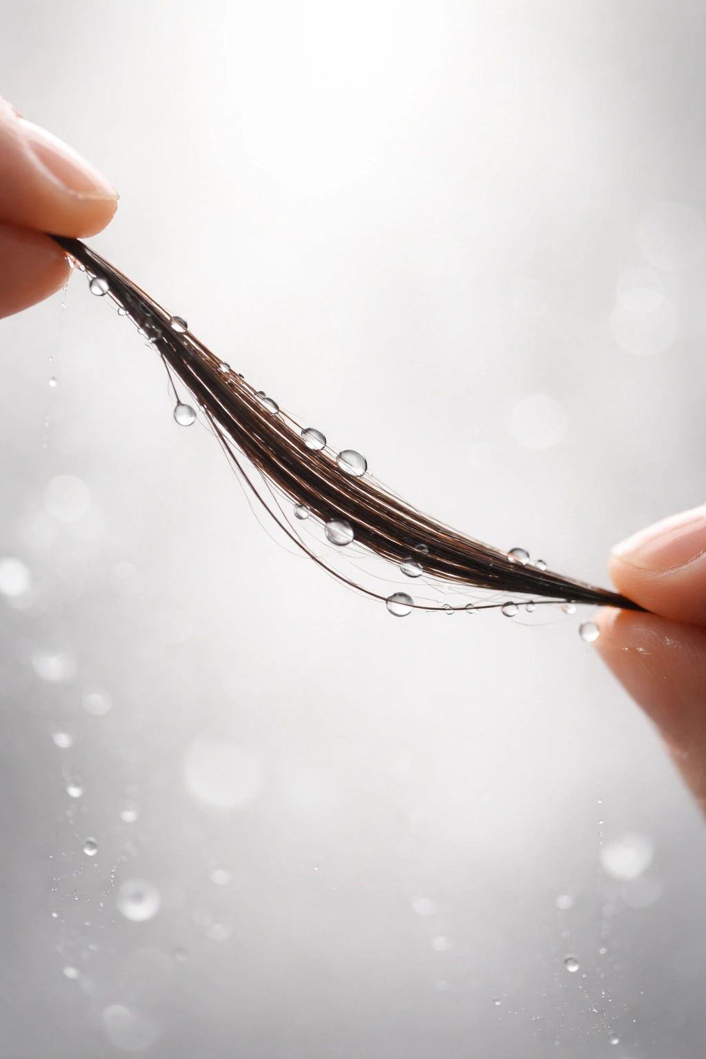 Close-up of a wet hair strand showing elasticity and moisture