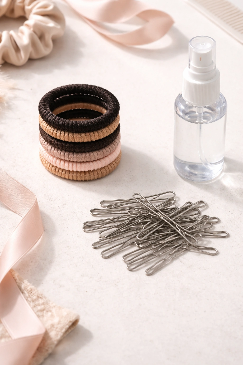 Organized hair tools including elastics, bobby pins, and spray bottle on a clean surface