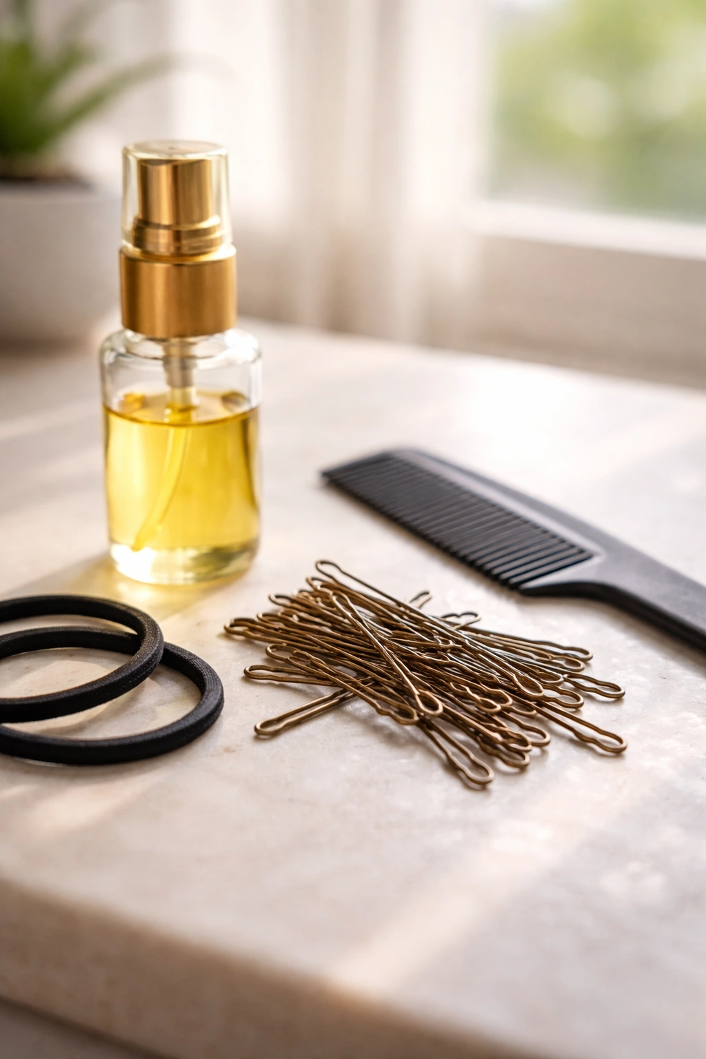 Close-up of an emergency hair kit with oil, pins, and elastics ready for quick fixes.