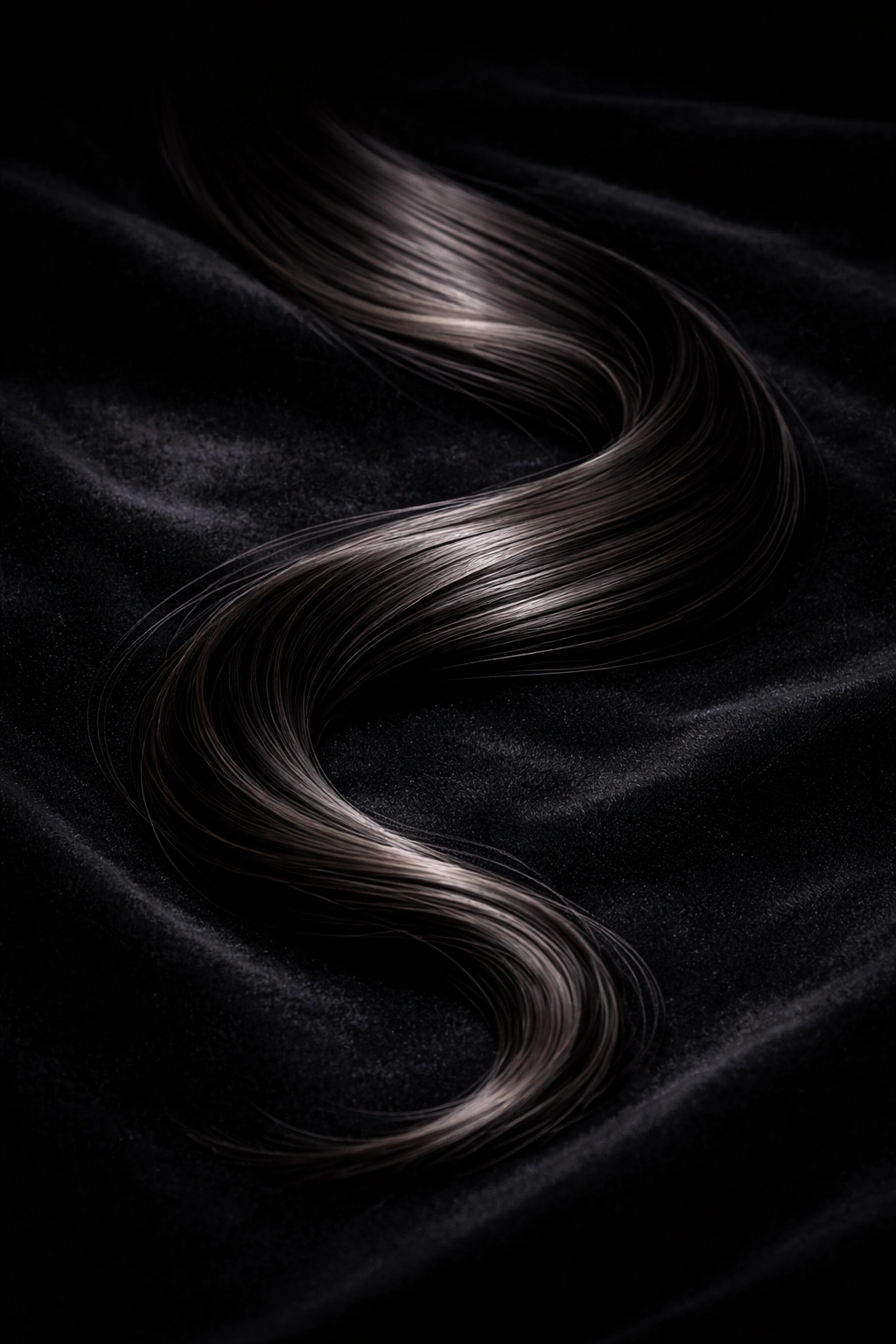 Dark hair strand on black velvet with dramatic lighting
