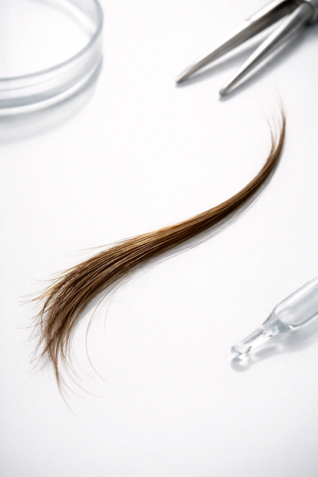 Single hair strand on white surface in clinical lighting