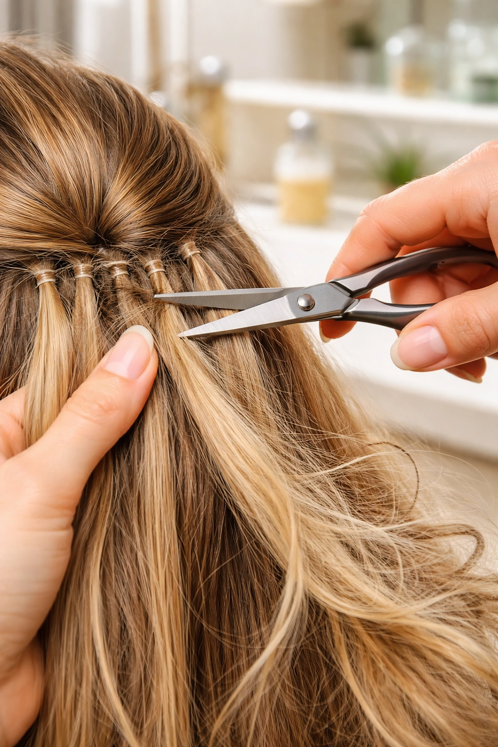 Hands with scissors near hair extension bond showing removal mistakes