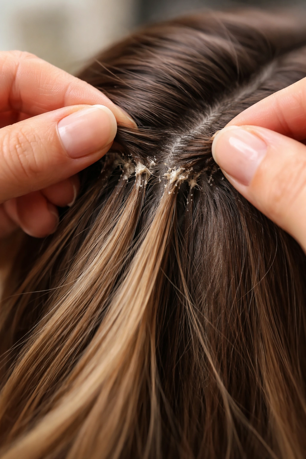 Hands pausing during removal to avoid pulling glued hair extensions