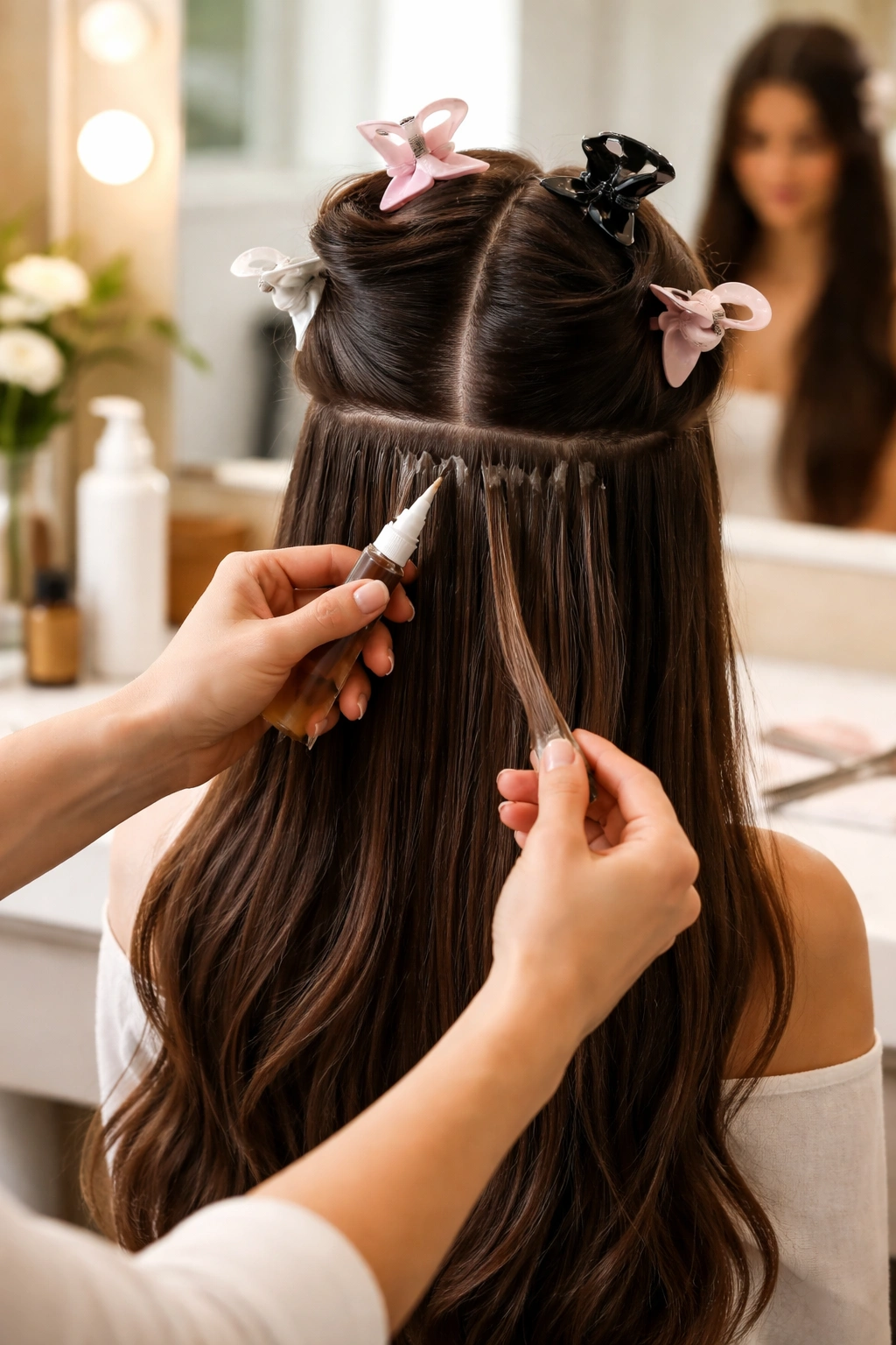 Hands sectioning hair and removing extensions with a removal tool in 4 sections