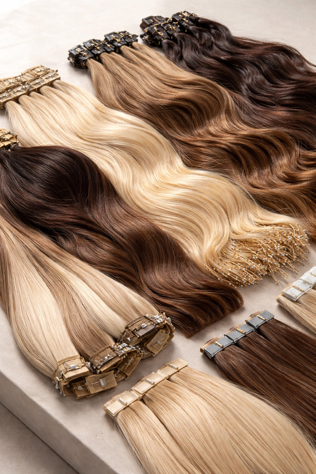 Close-up of diverse hair extension bundles on a neutral studio surface