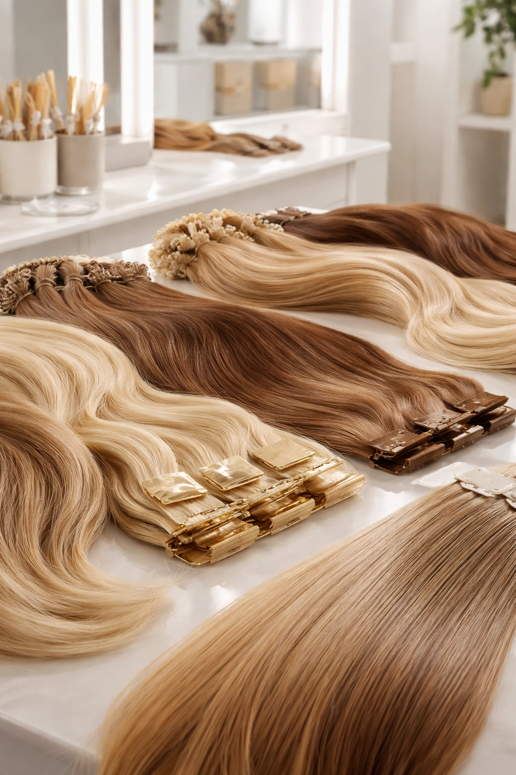 Close-up of luxurious hair extensions on a glossy surface, implying cost considerations in a premium salon