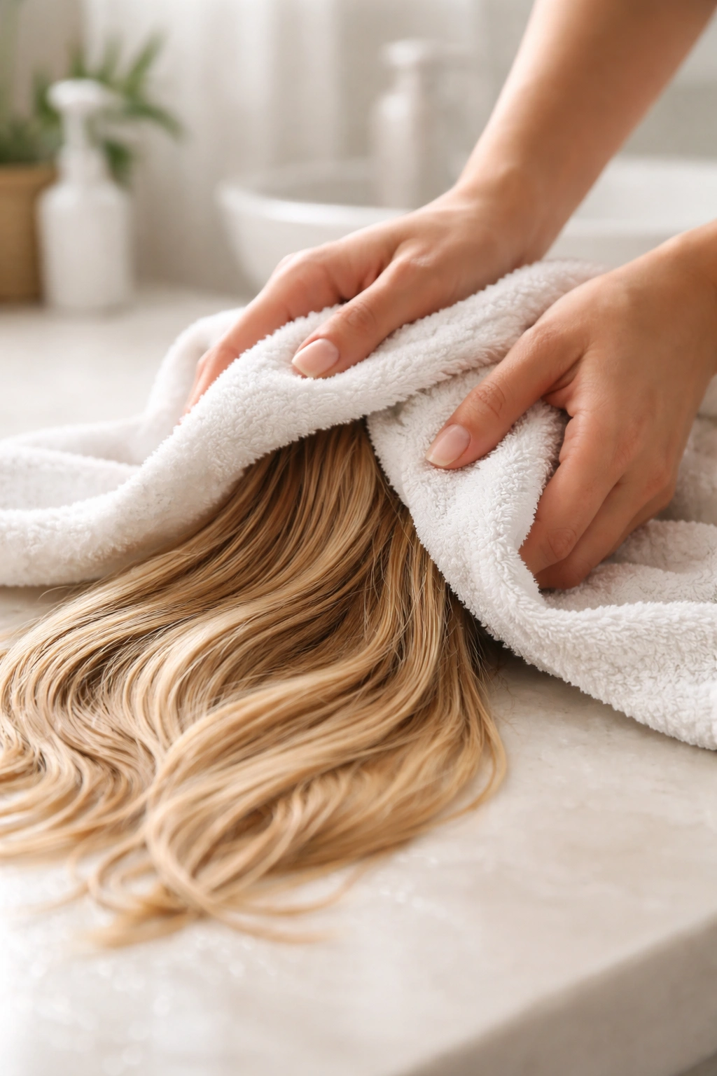 Close-up of hands wrapping a towel around damp hair extensions for gentle drying