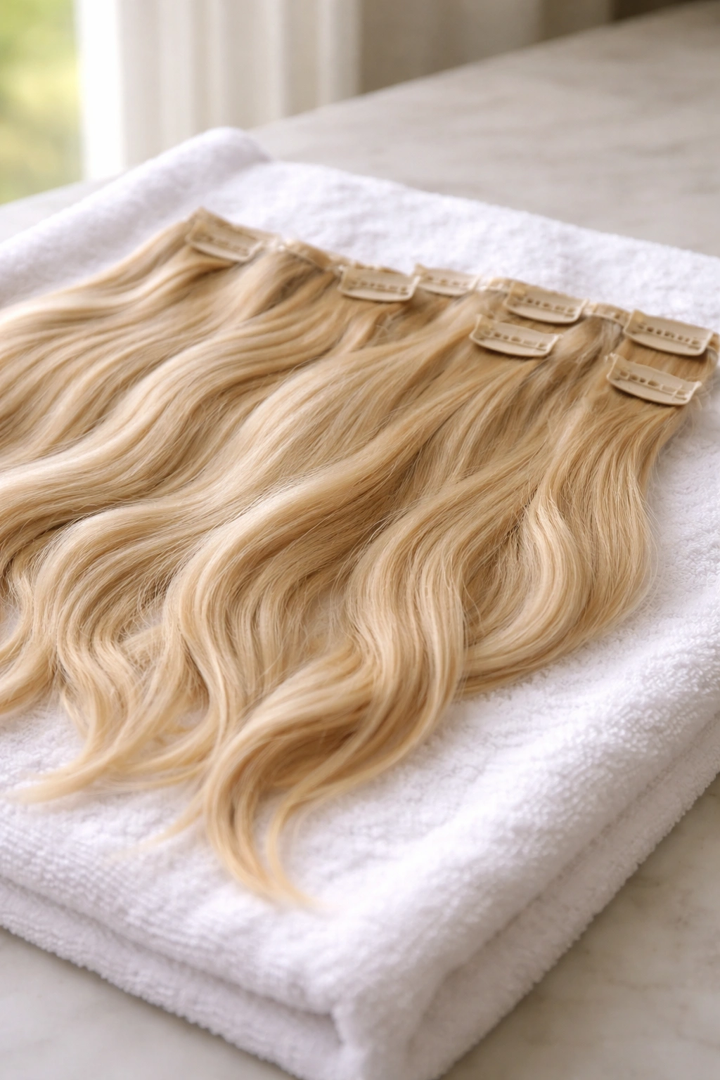 Close-up of clip-in hair extensions laid flat to air-dry on a white towel