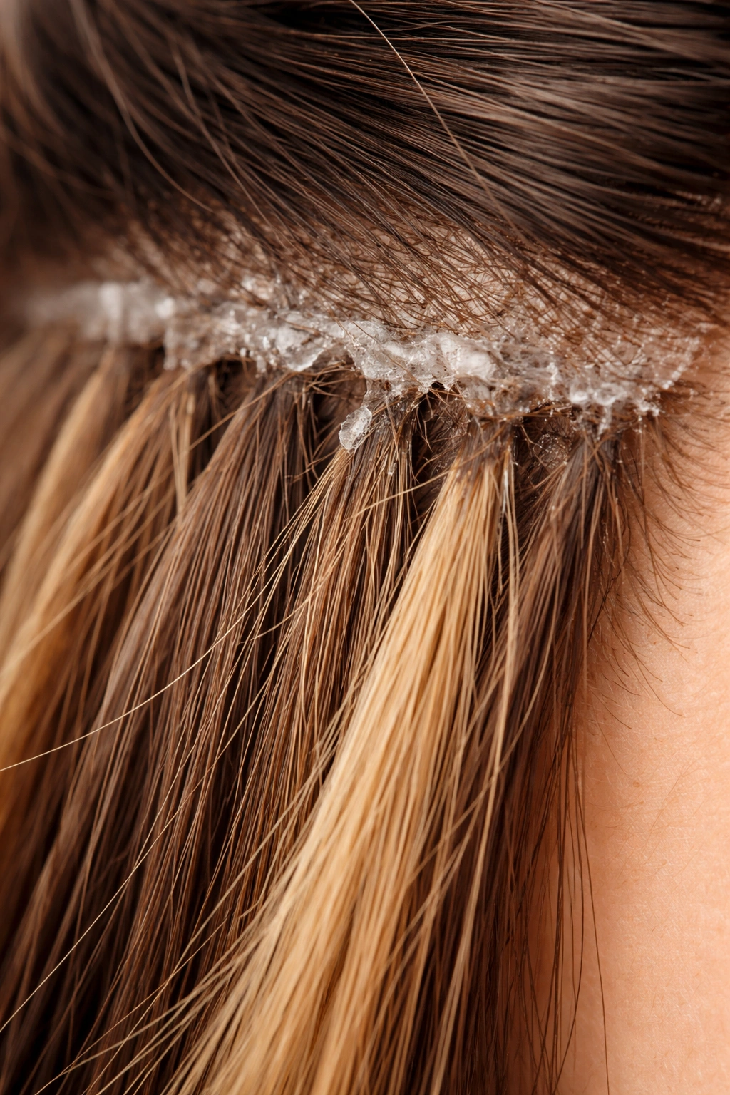Close-up of a hair extension bond with gel residue and frayed edges at the hairline
