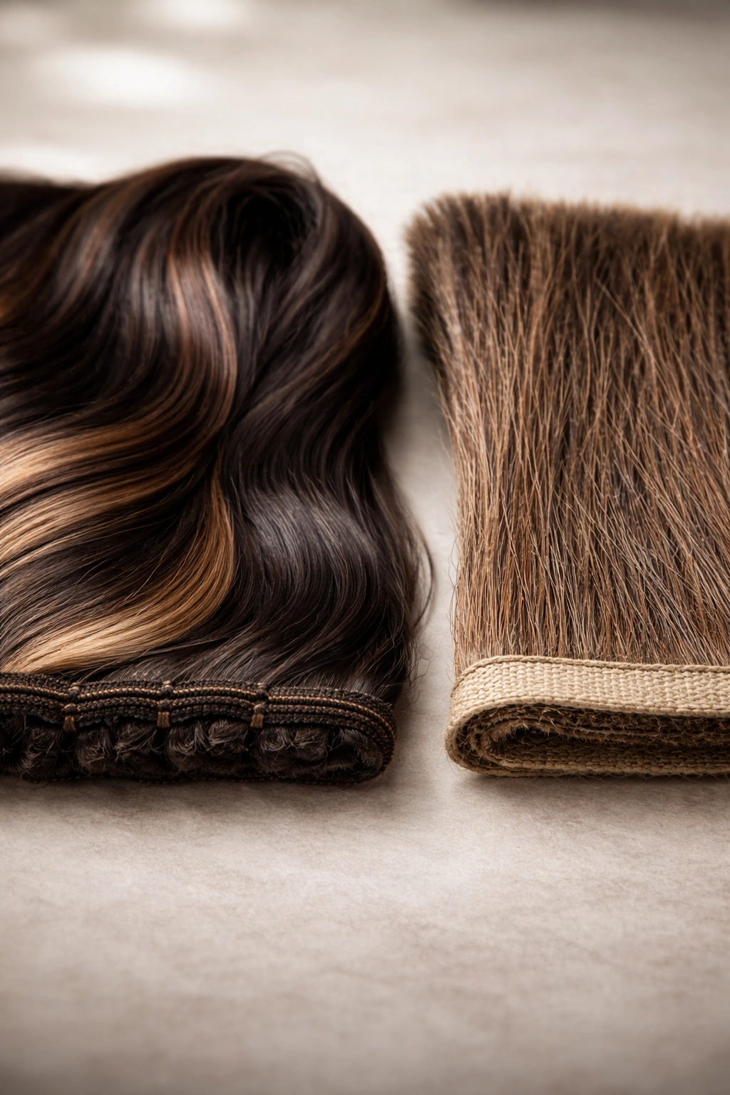 Close-up showing hair extensions and horsehair fabric texture side by side on a neutral background