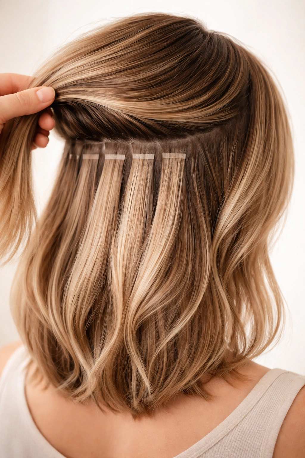 Close-up of hair extensions integrated into short-to-mid-length hair with seamless blending