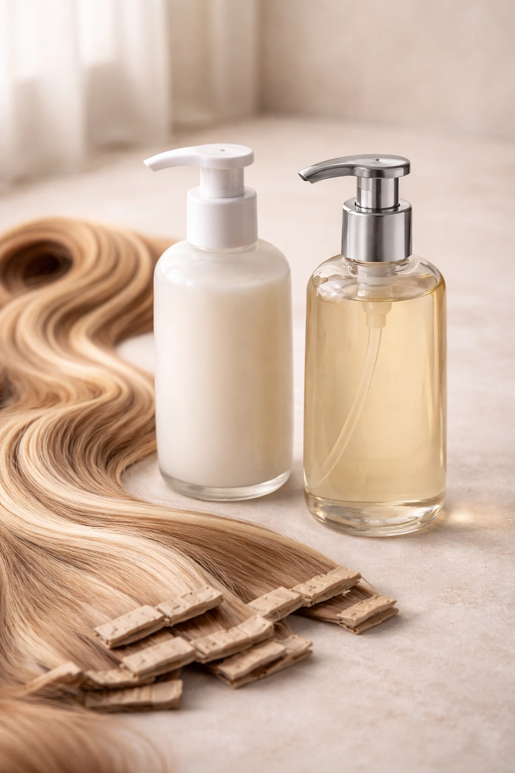 Close-up of generic bottles beside hair extensions with no labels