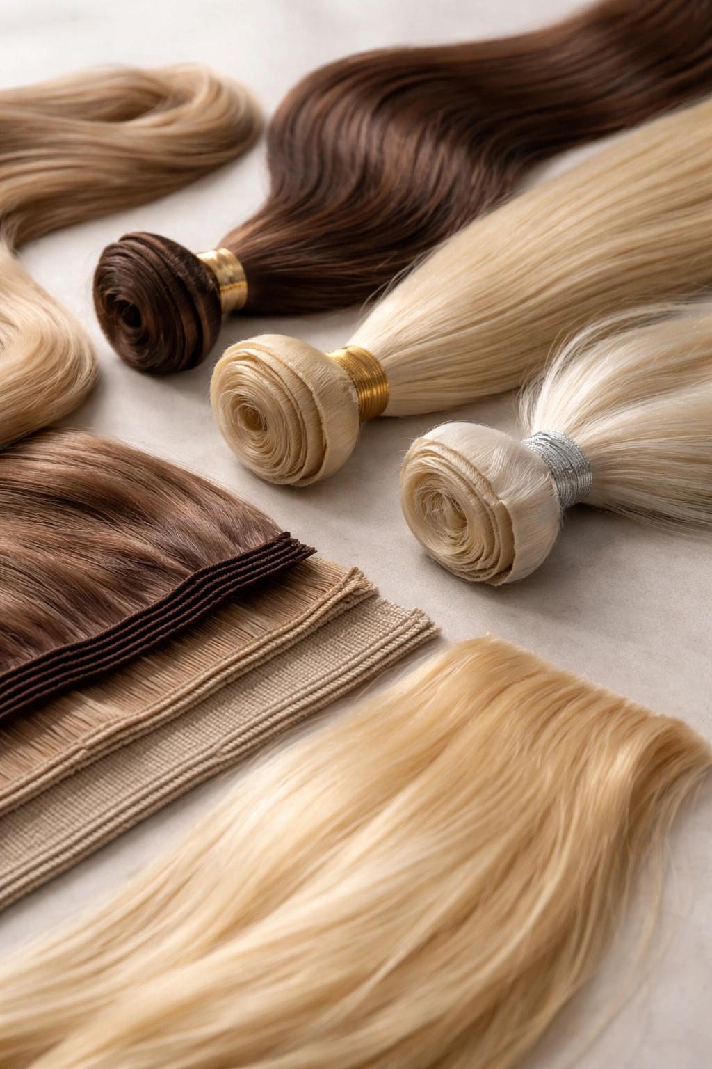 Close-up of hair extension materials showing Remy human hair and synthetic fibers on a neutral surface
