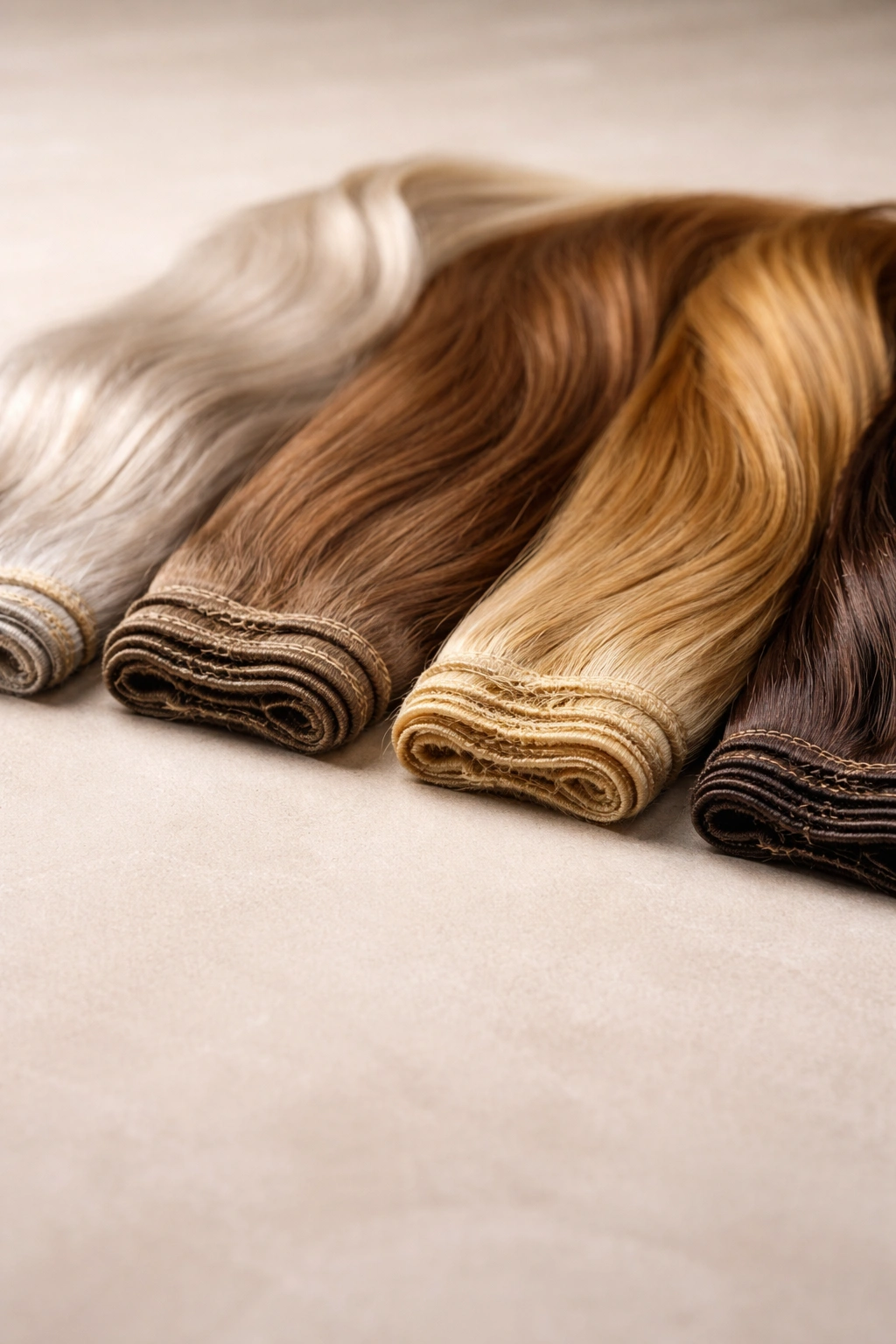 Four hair extension wefts showing varied textures to illustrate cost factors