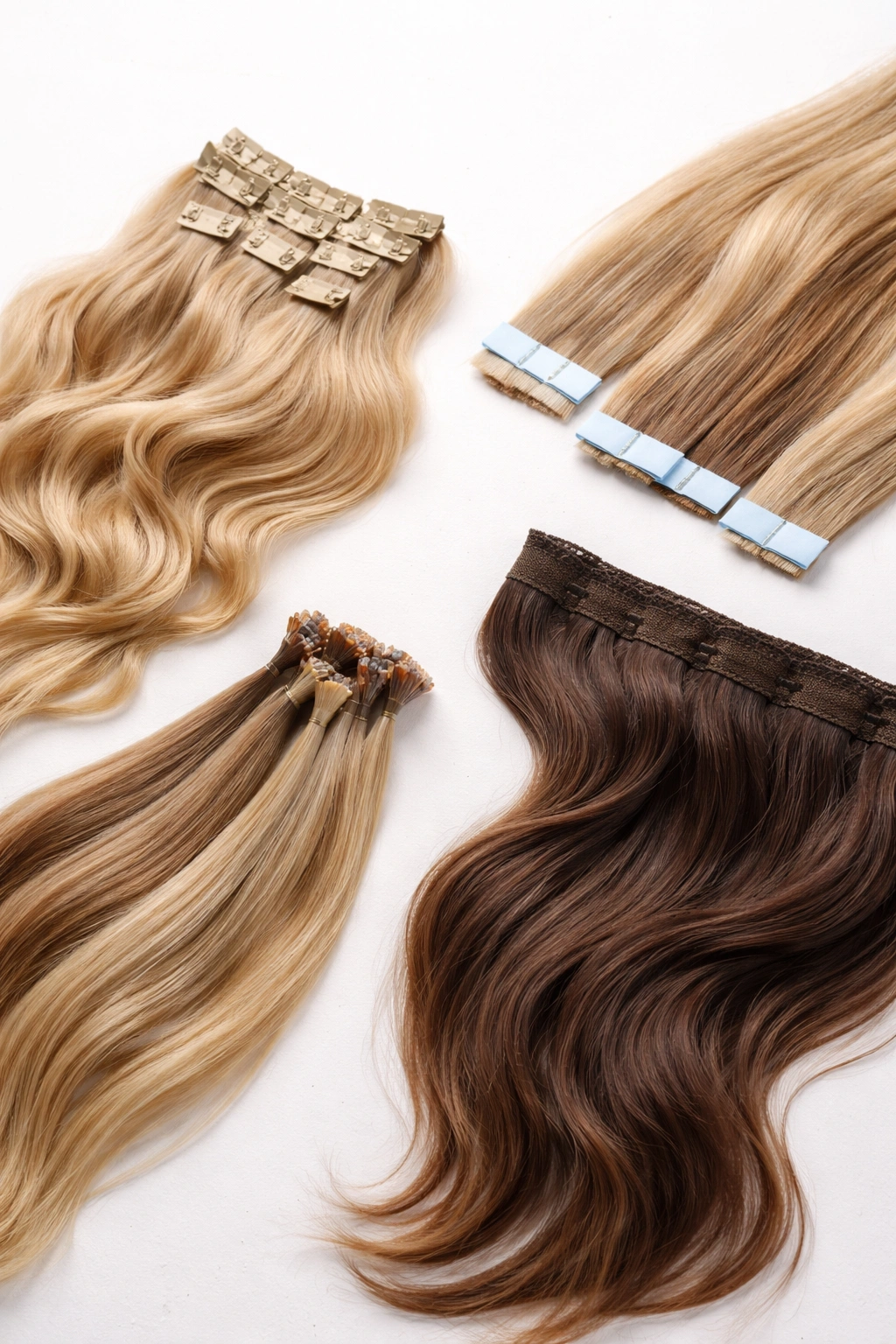 Flat lay of multiple hair extension types on a neutral background, showing texture and color variation.