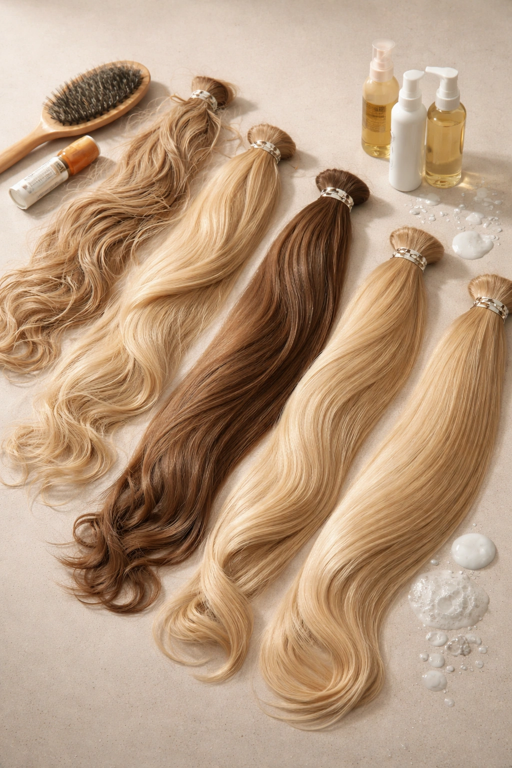 Row of hair extension bundles arranged to illustrate washing frequency