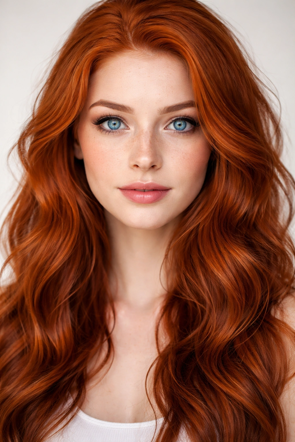 Close-up of a person with red hair and blue eyes