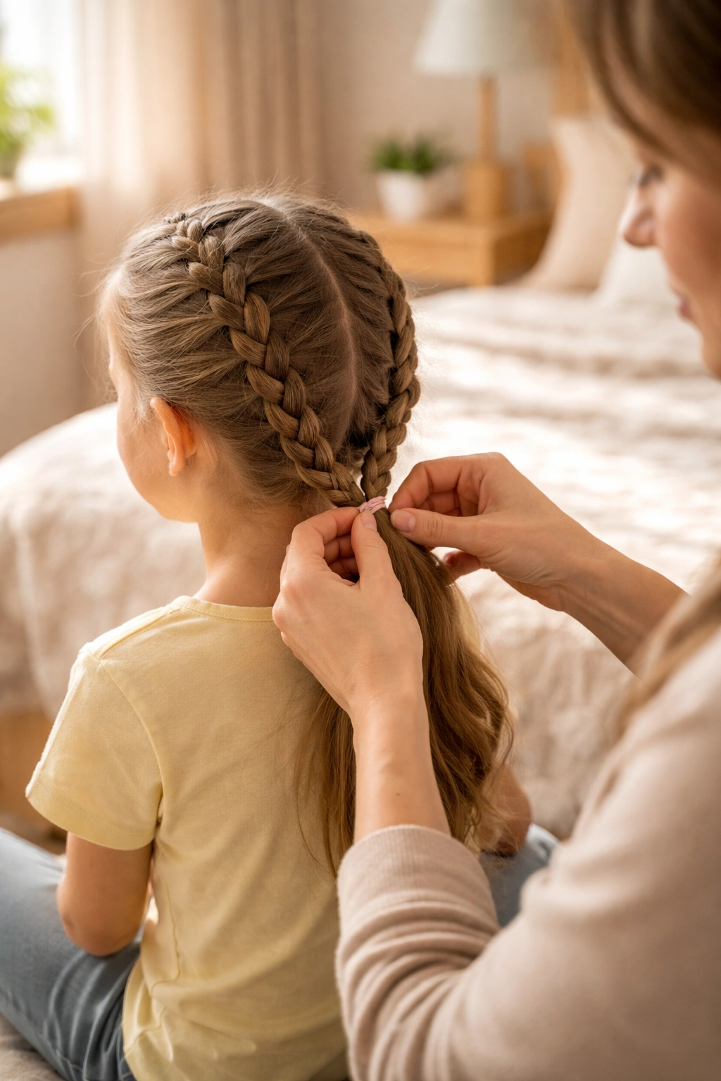Parent finishing a hairstyle on child with final touch