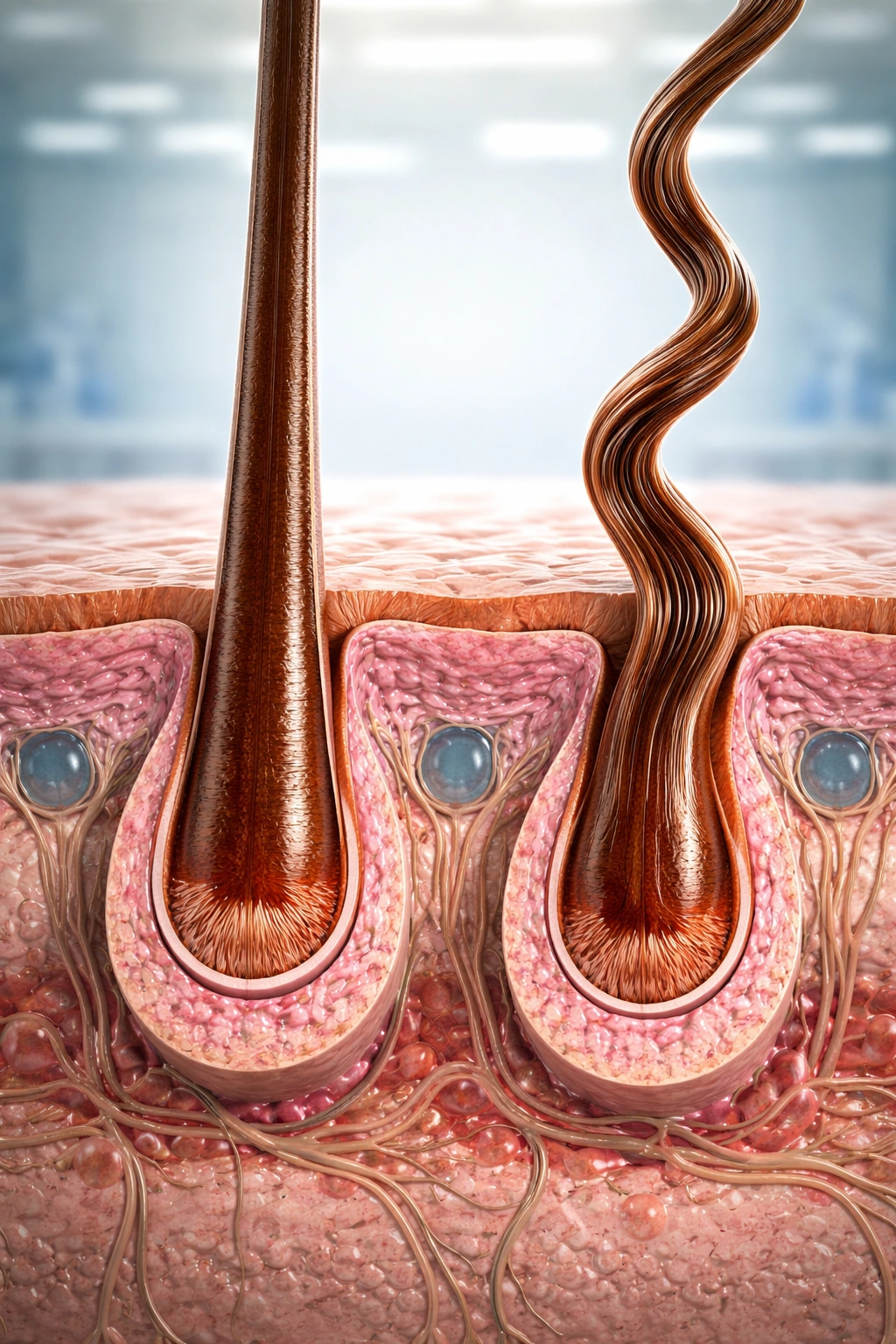Macro cross-section of a hair follicle showing round and oval shapes