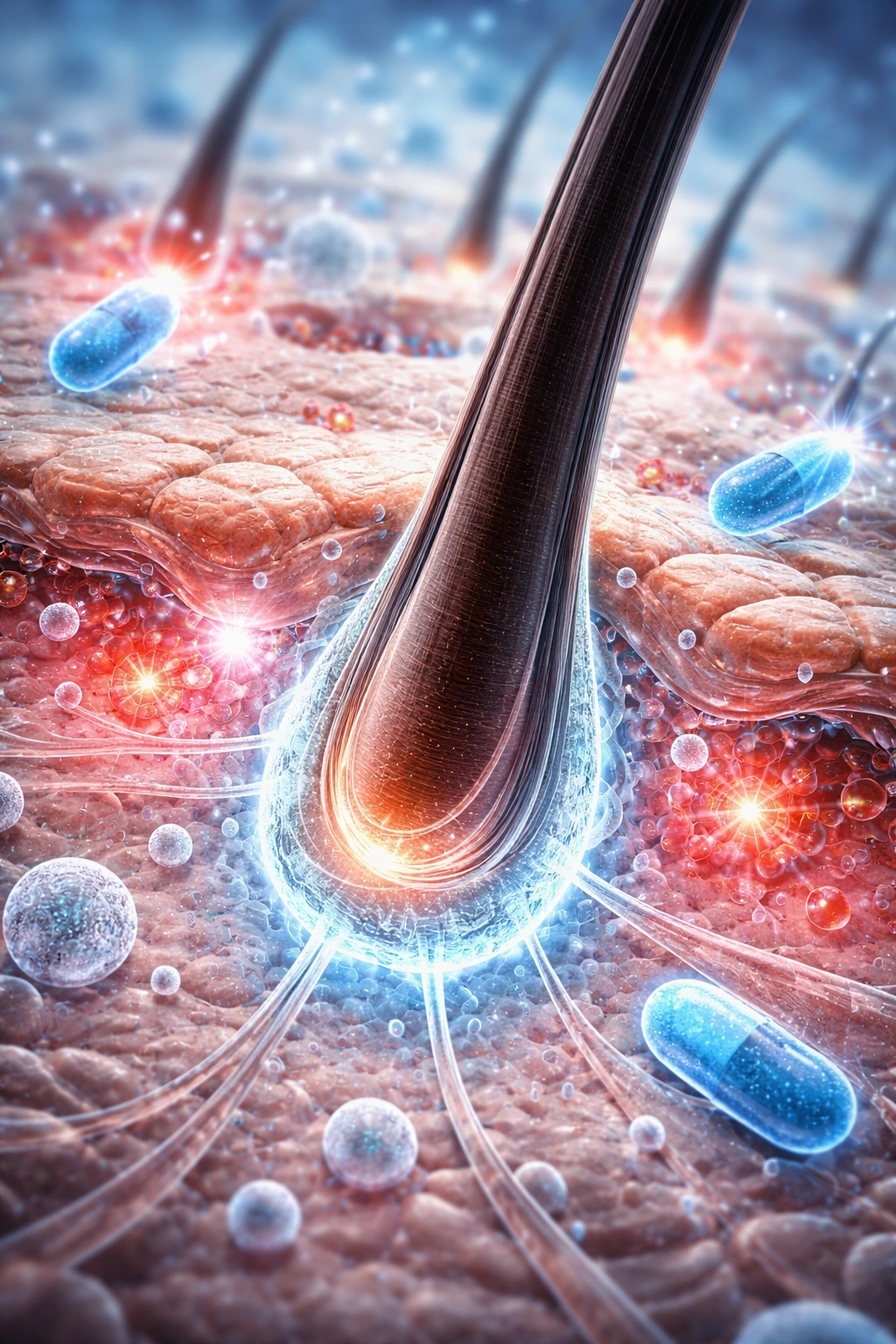 Magnified view of hair follicle and surrounding skin cells illustrating follicle biology.