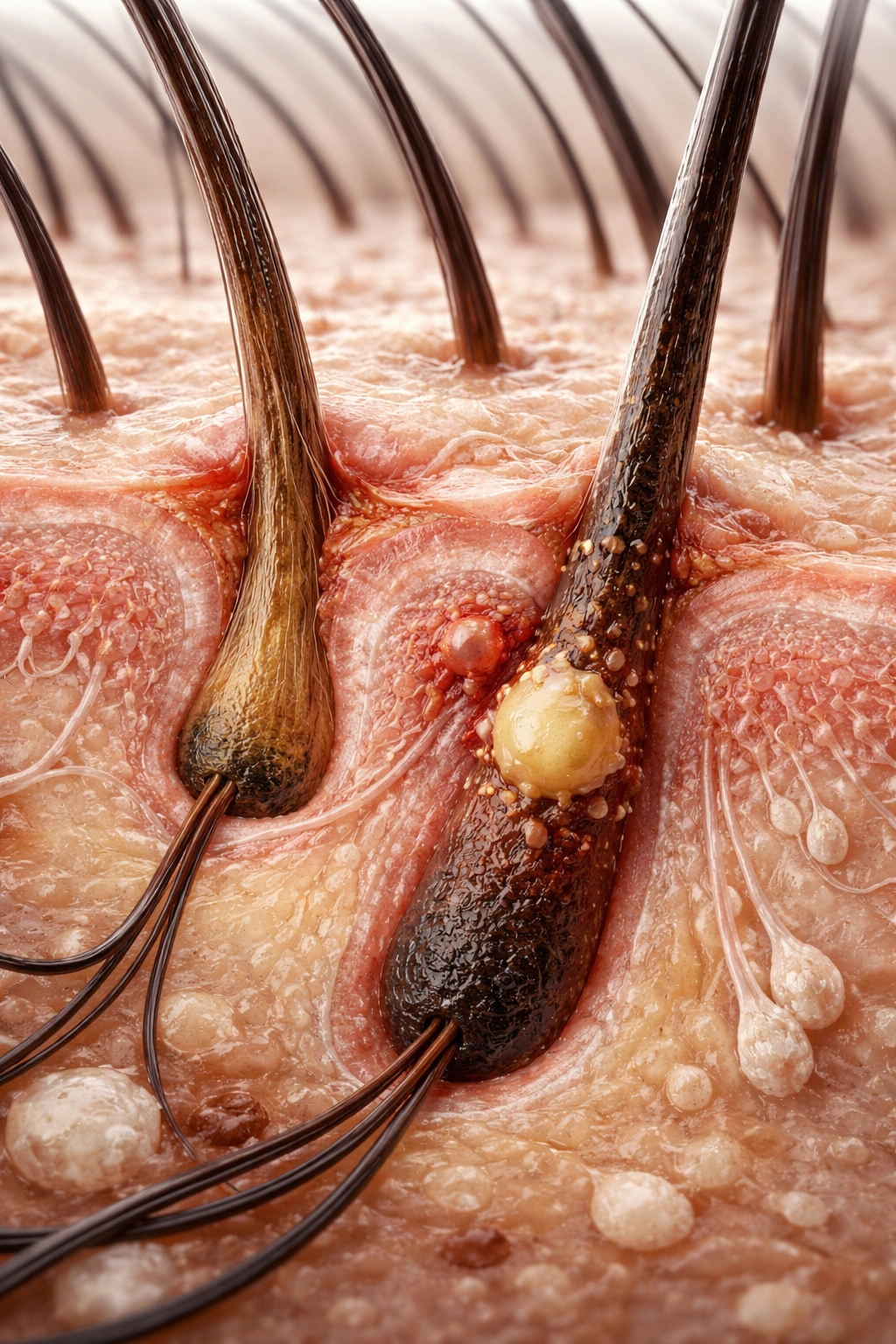 Magnified hair follicle/scalp detail suggesting professional assessment