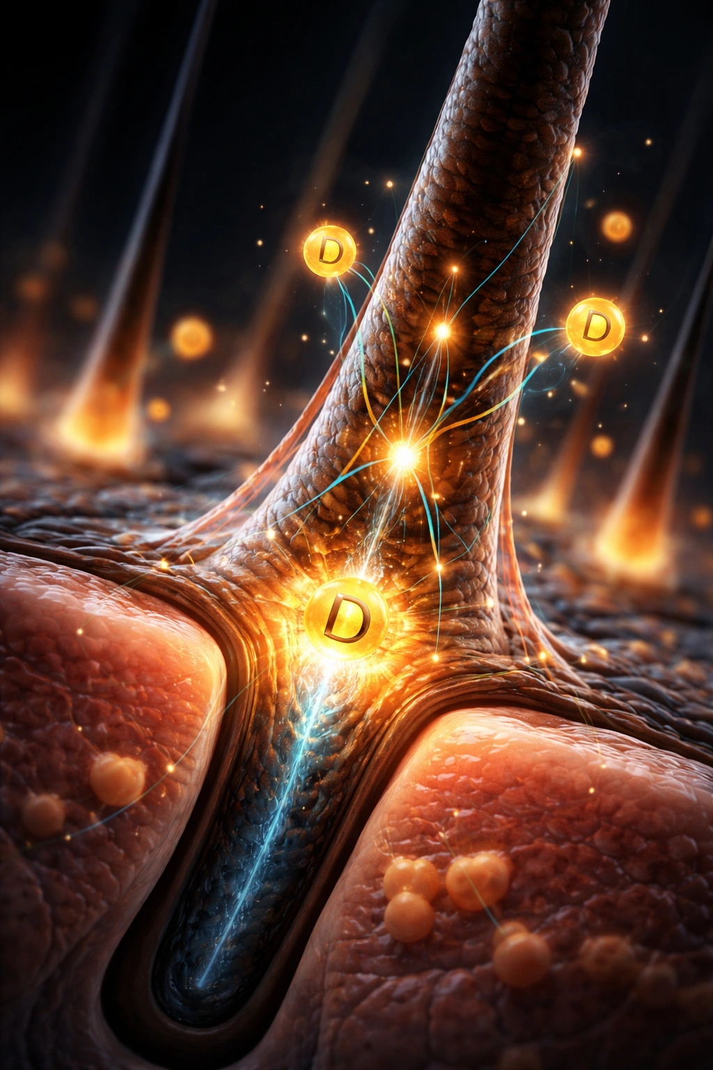 Hair follicle cross-section with glowing vitamin D receptor interface