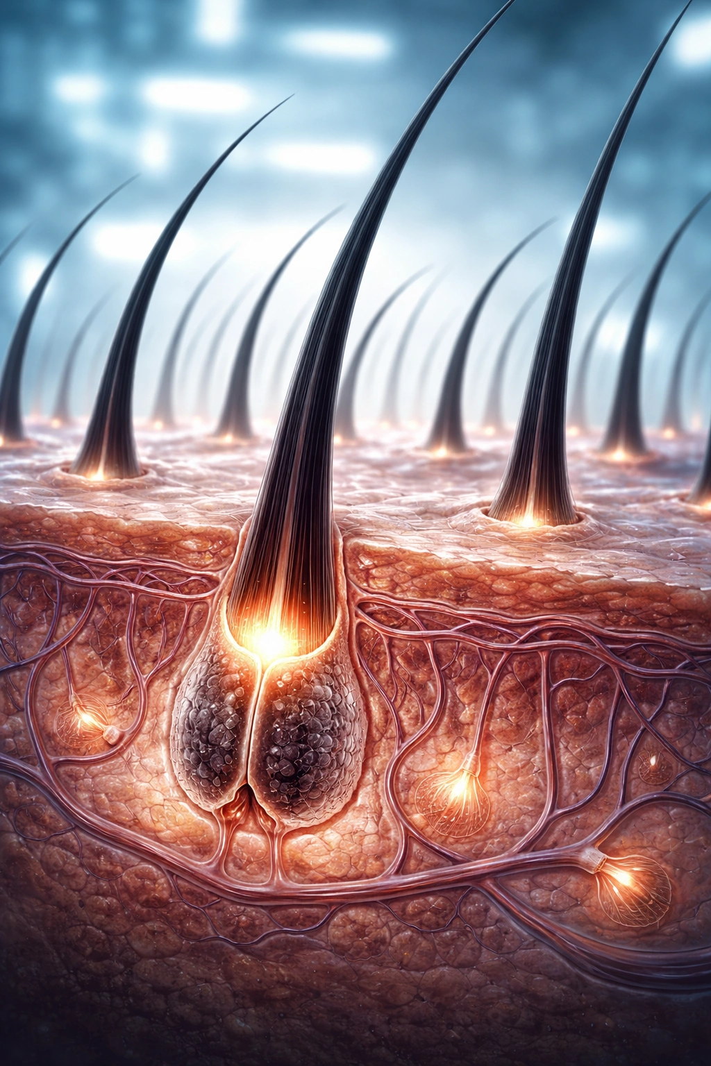 Cross-section view of scalp with hair follicles and emerging hairs