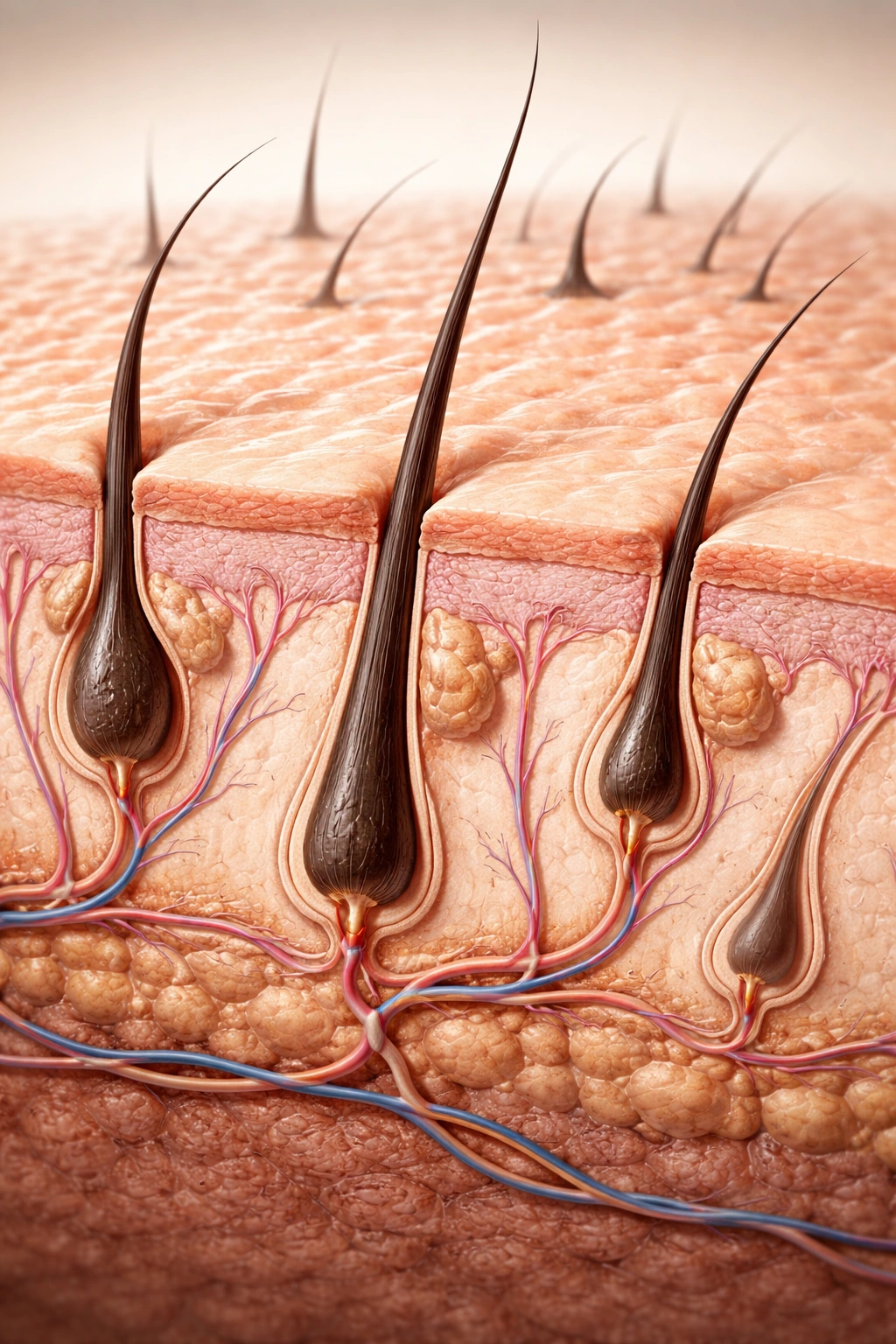 Cross-section of chest hair follicles at different growth stages