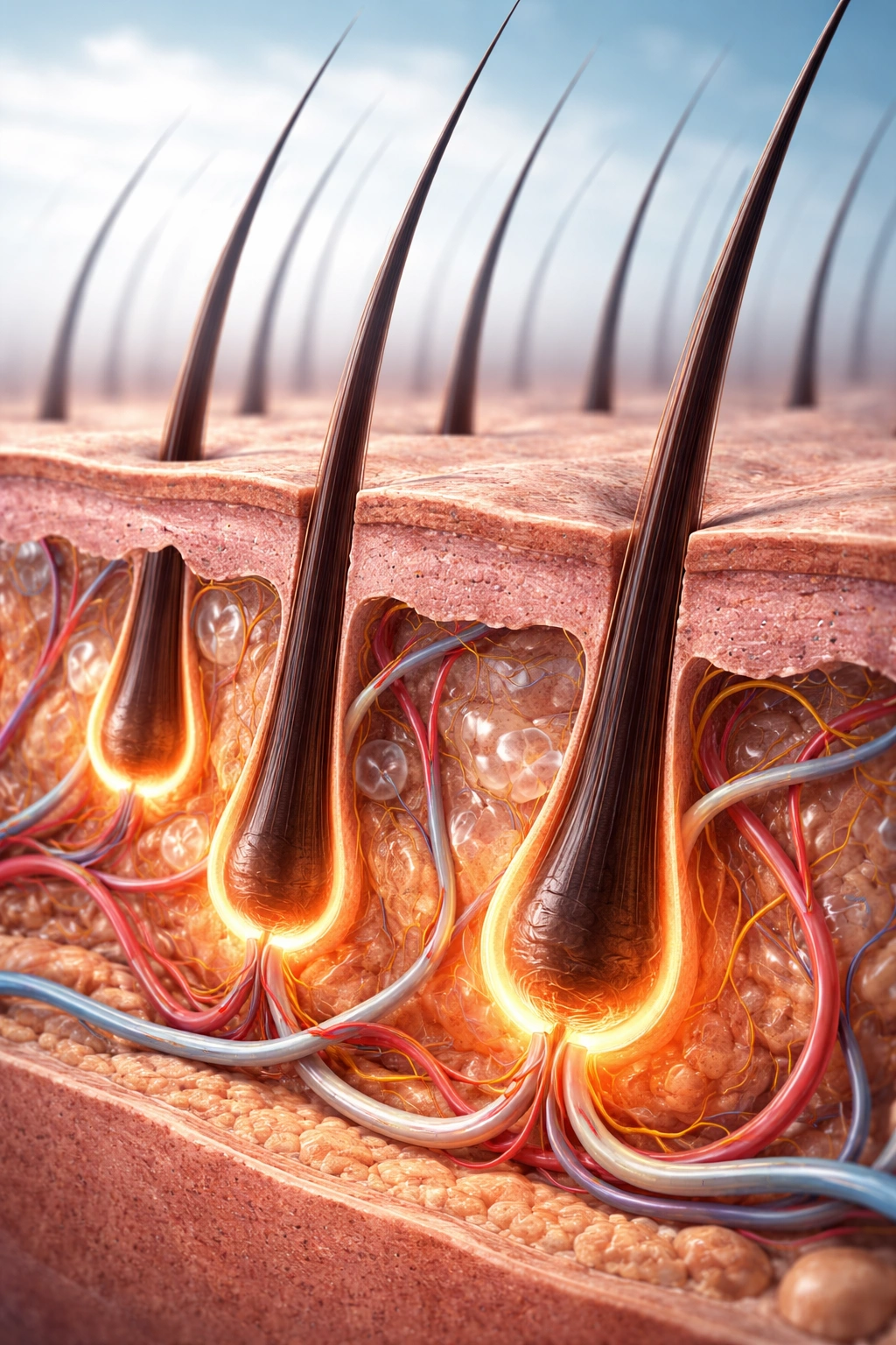 Close-up cross-section of skin with hair follicles