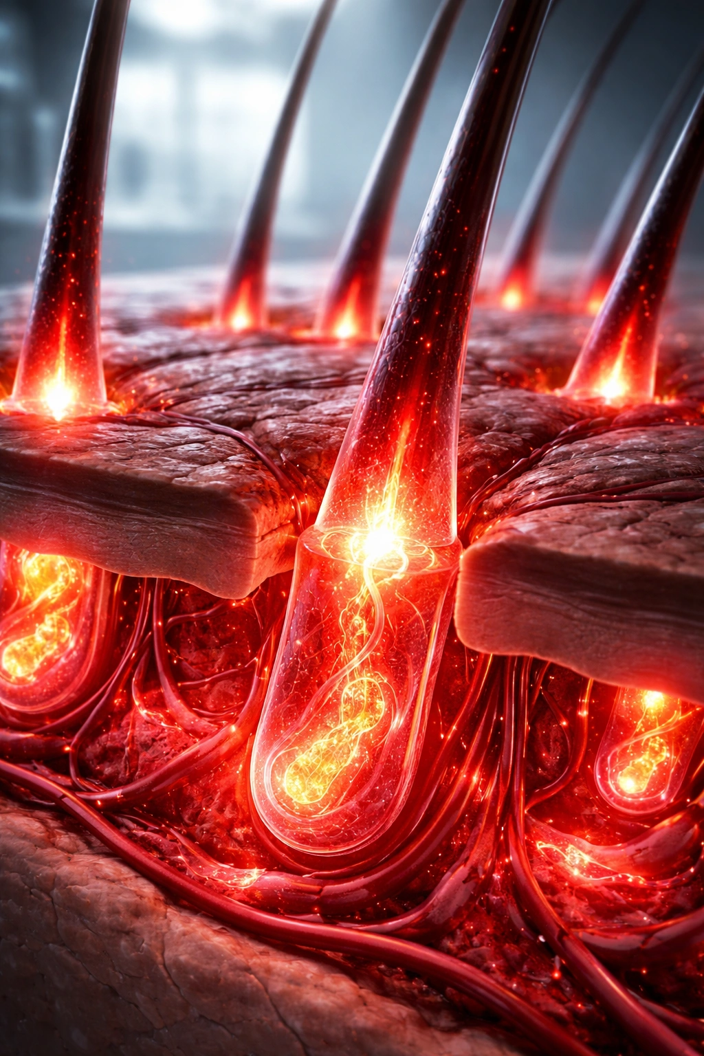 Macro visualization of scalp follicles illuminated by red light
