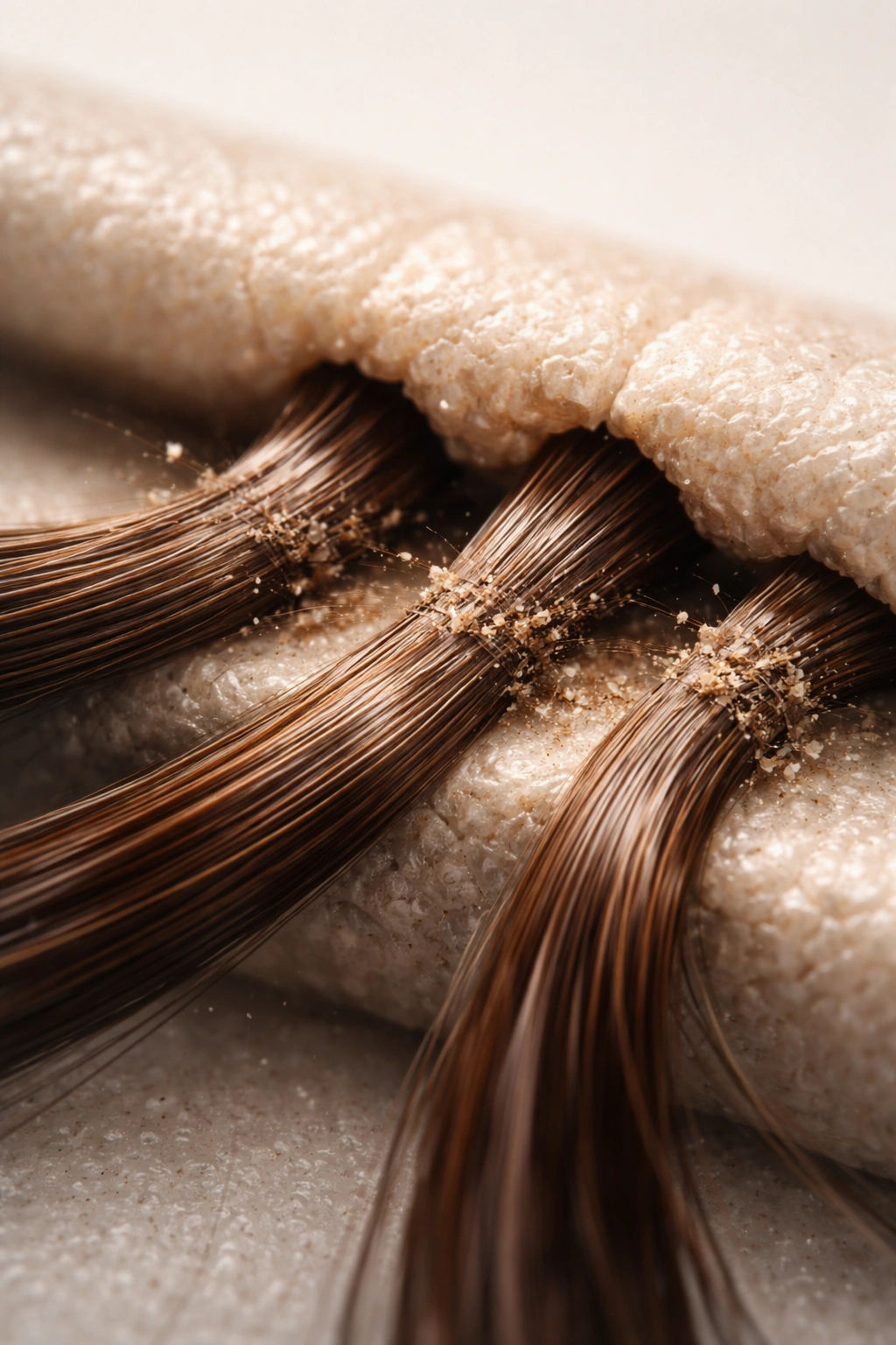 Close-up of hair shafts showing friction and bending points under pressure