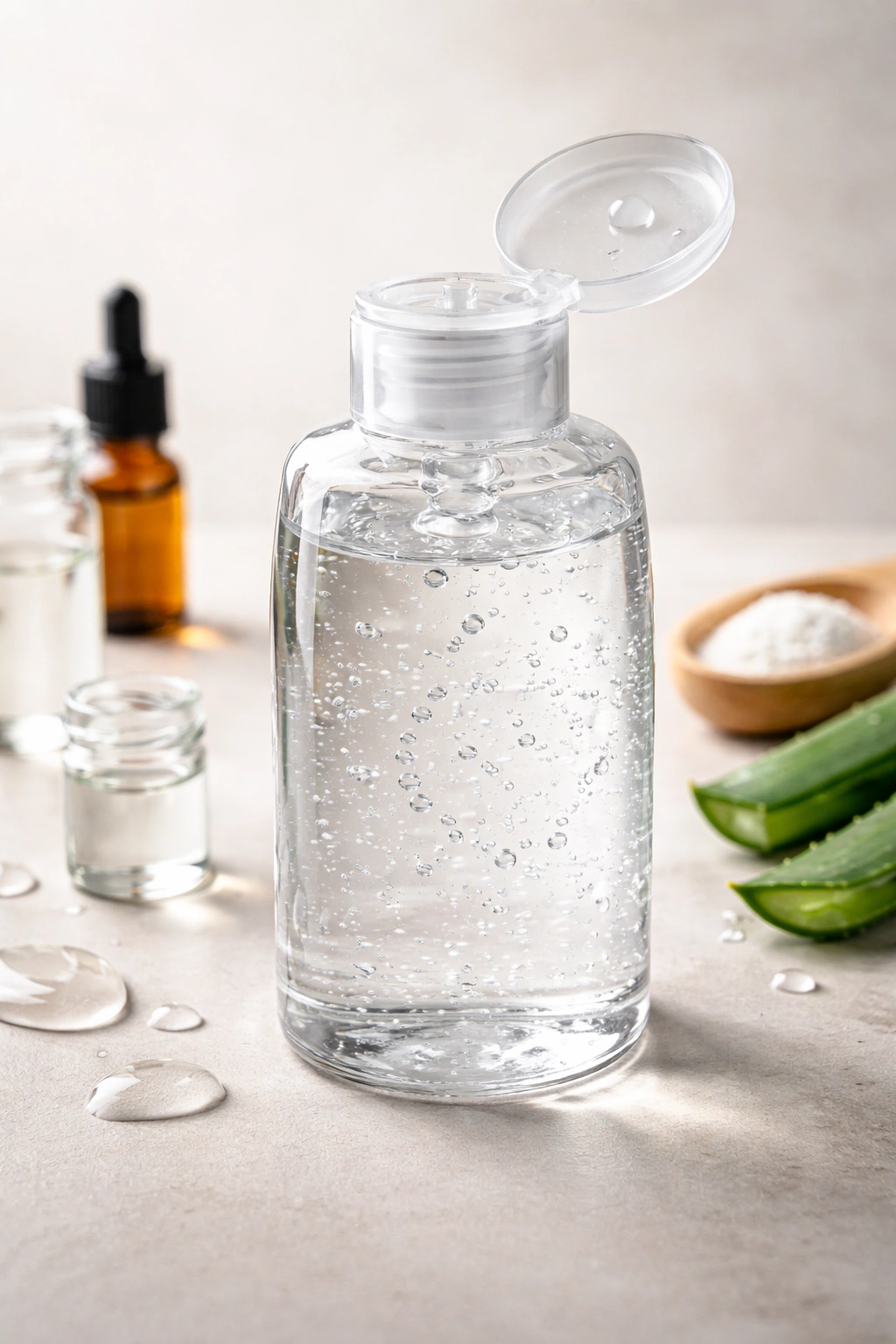 Close-up of a label-free hair gel bottle with clear gel in a neutral studio setting