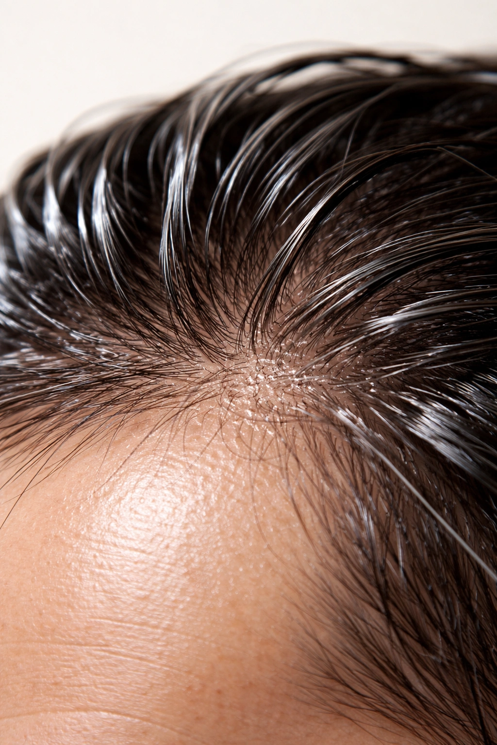 Close-up of hair strands with gel coating showing subtle thinning at the scalp