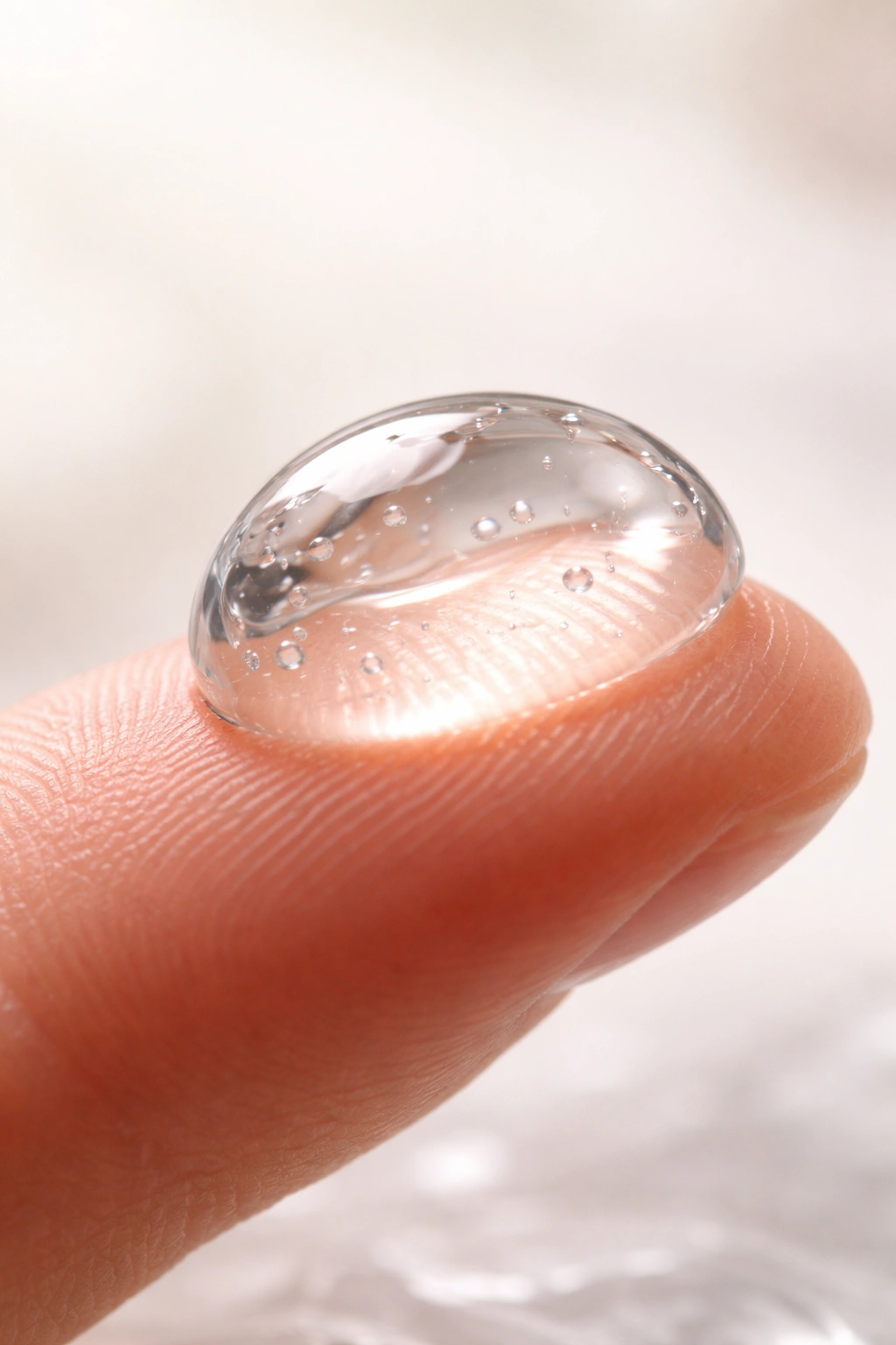 Close-up of clear hair gel on fingertip showing moisture and shine