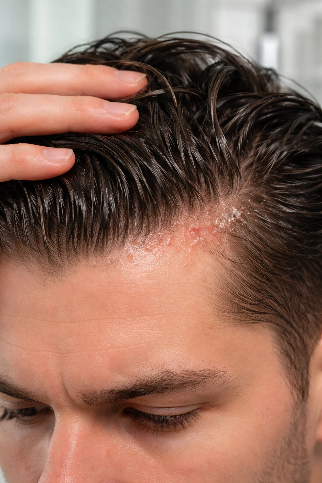 Scalp at hairline showing irritation and gel residue