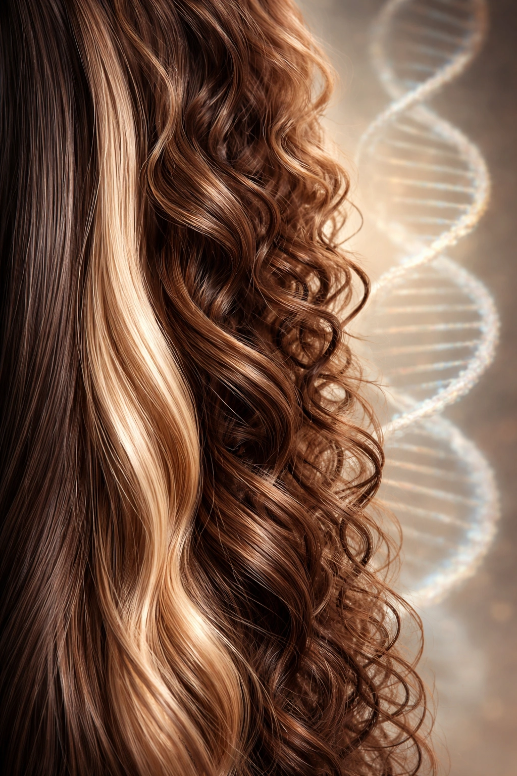 Close-up of diverse hair textures with subtle DNA motif illustrating hair gene origins