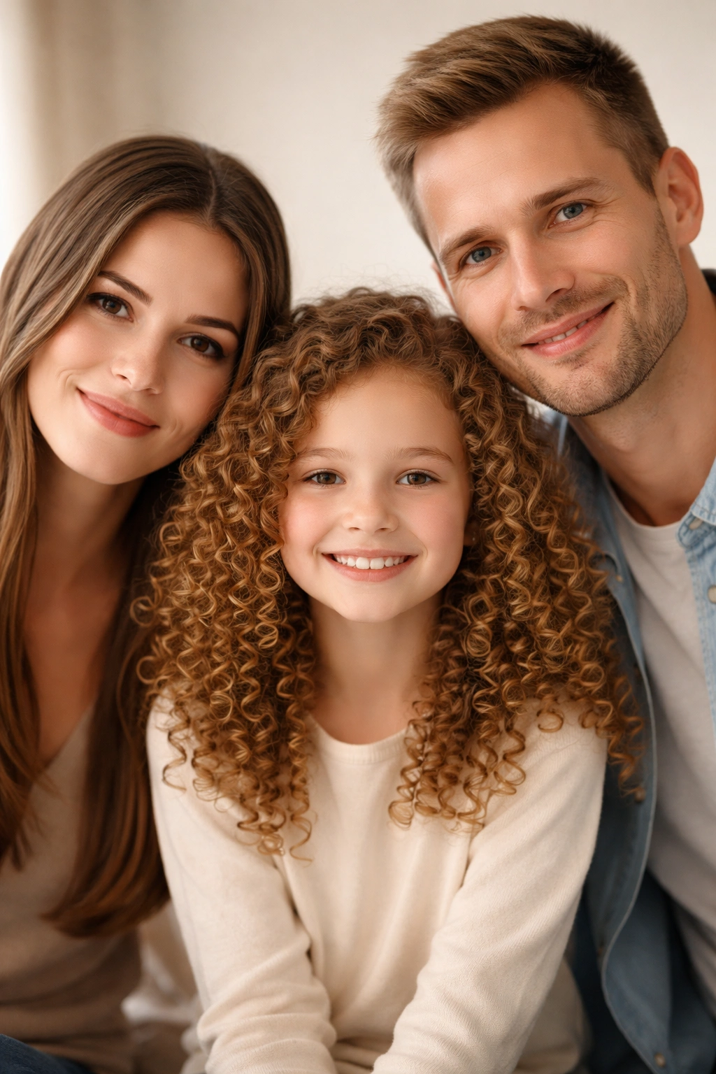 Portrait of two straight-haired adults and a curly-haired child showing hair texture variety