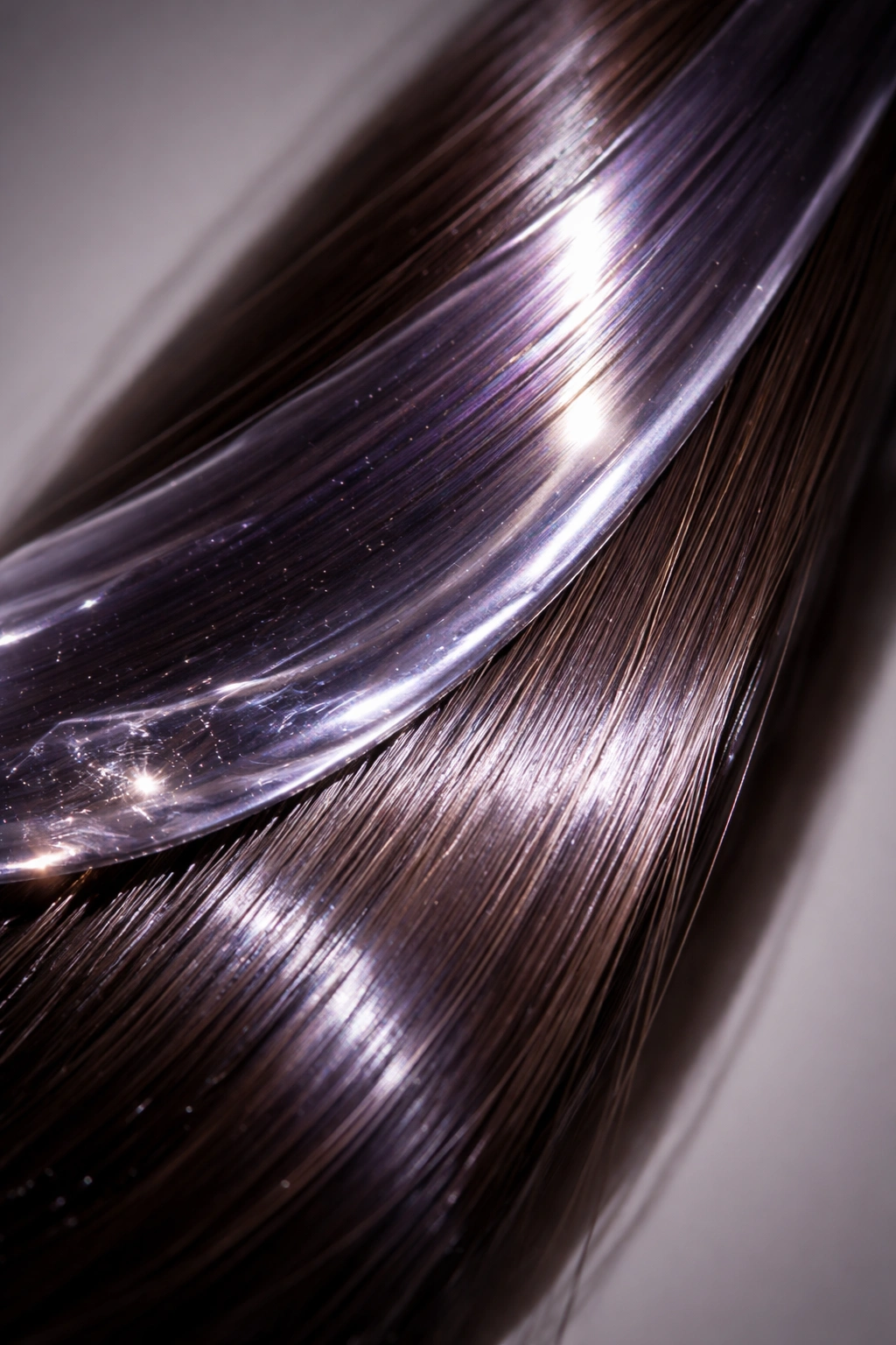 Close-up of a single glossy hair strand with violet-tinged shine