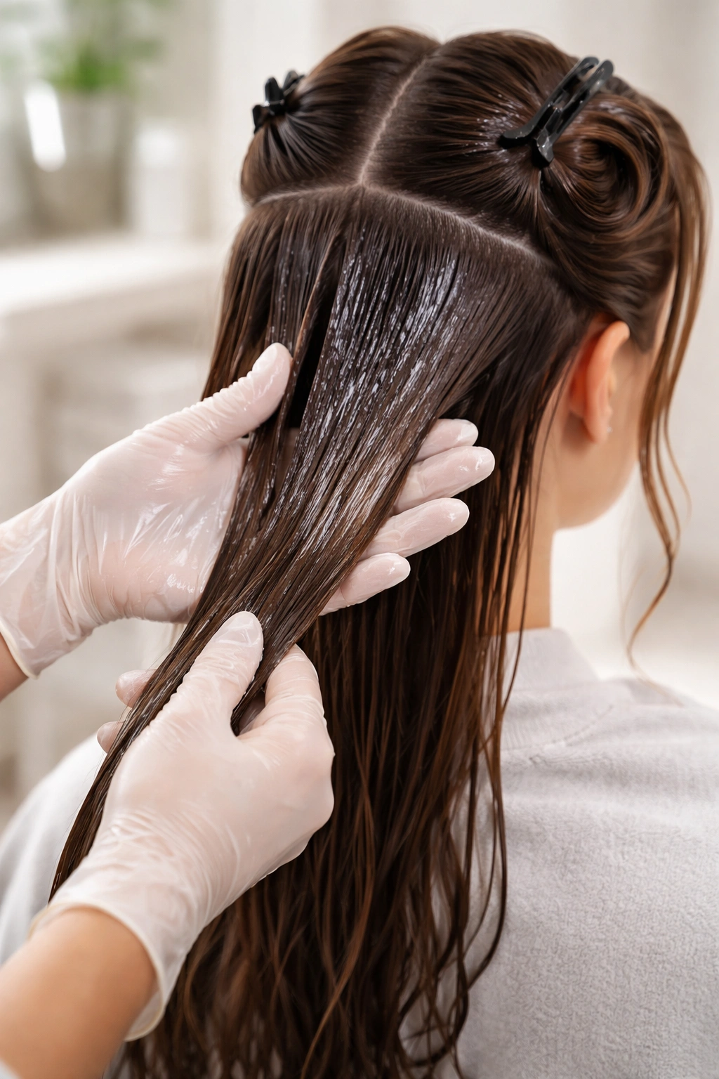 Hands applying hair gloss to damp hair in a studio