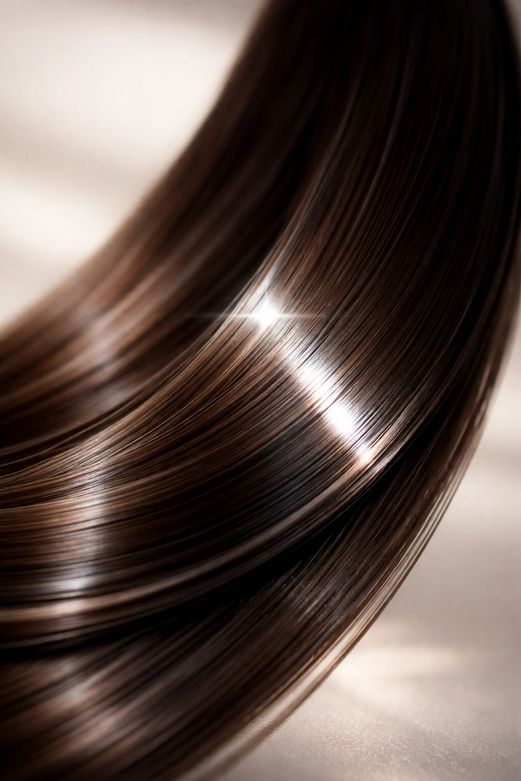 Close-up of a glossy hair strand reflecting light to illustrate hair gloss basics