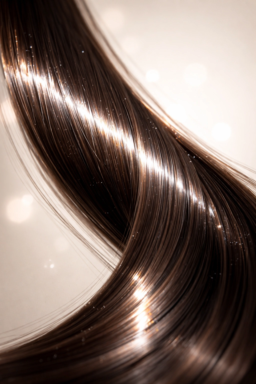 Close-up of a glossy hair strand with intense shine and smooth texture