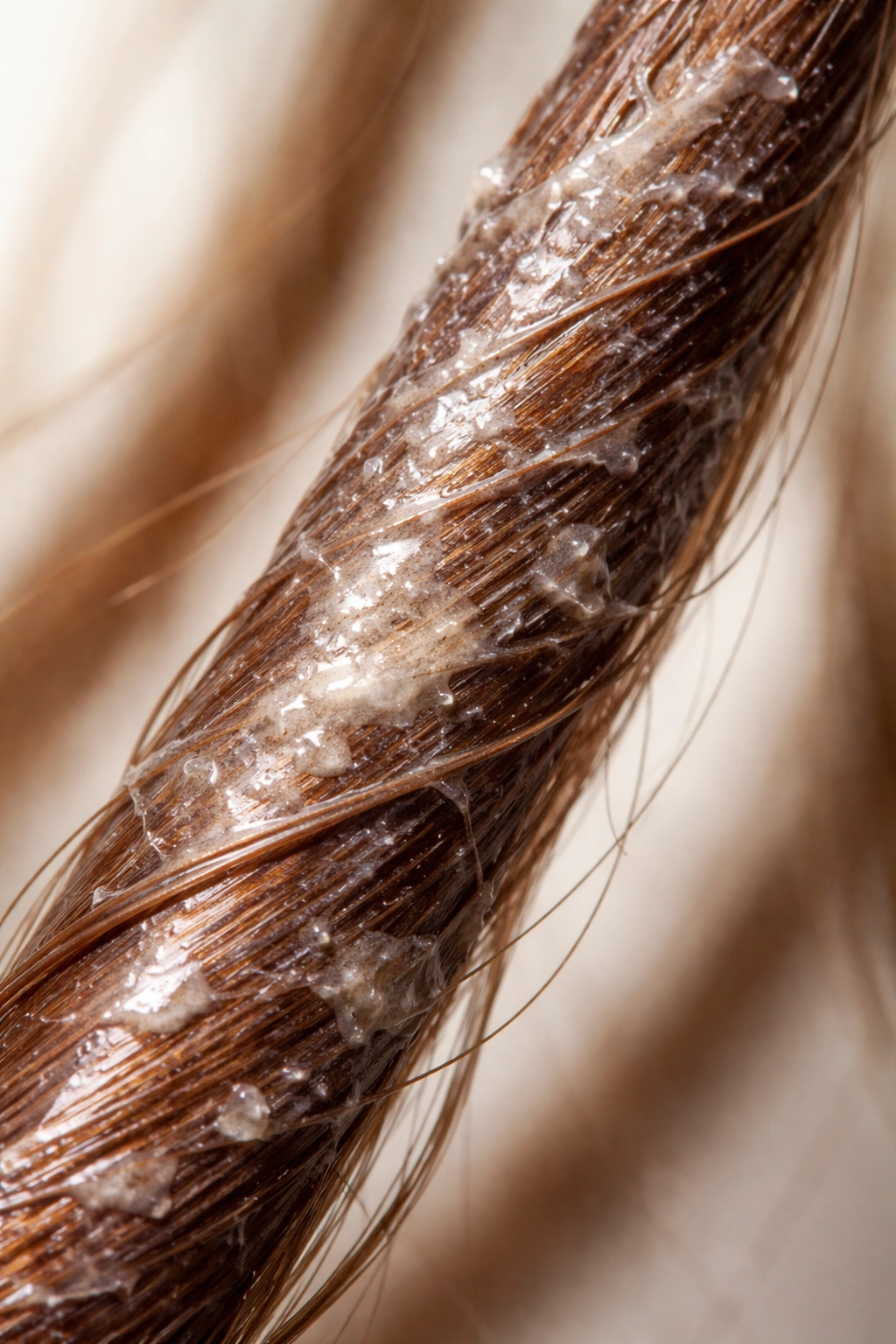 Hair strand with signs of surface buildup under soft lighting.