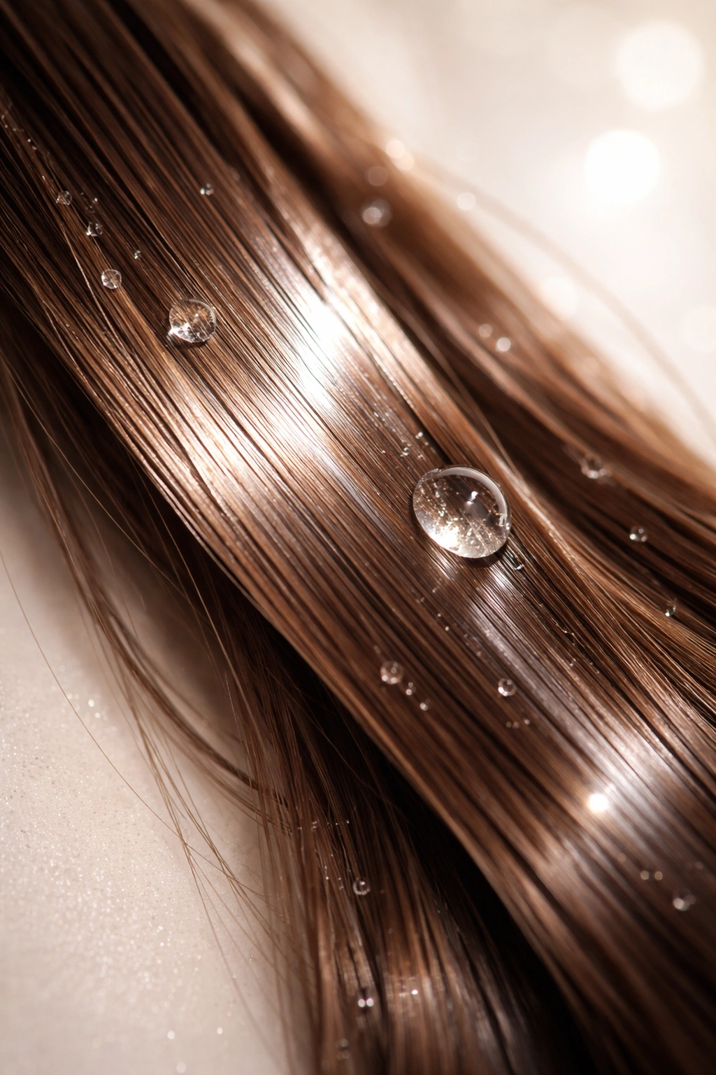 Glossy hair strand with smooth surface and moisture sheen.