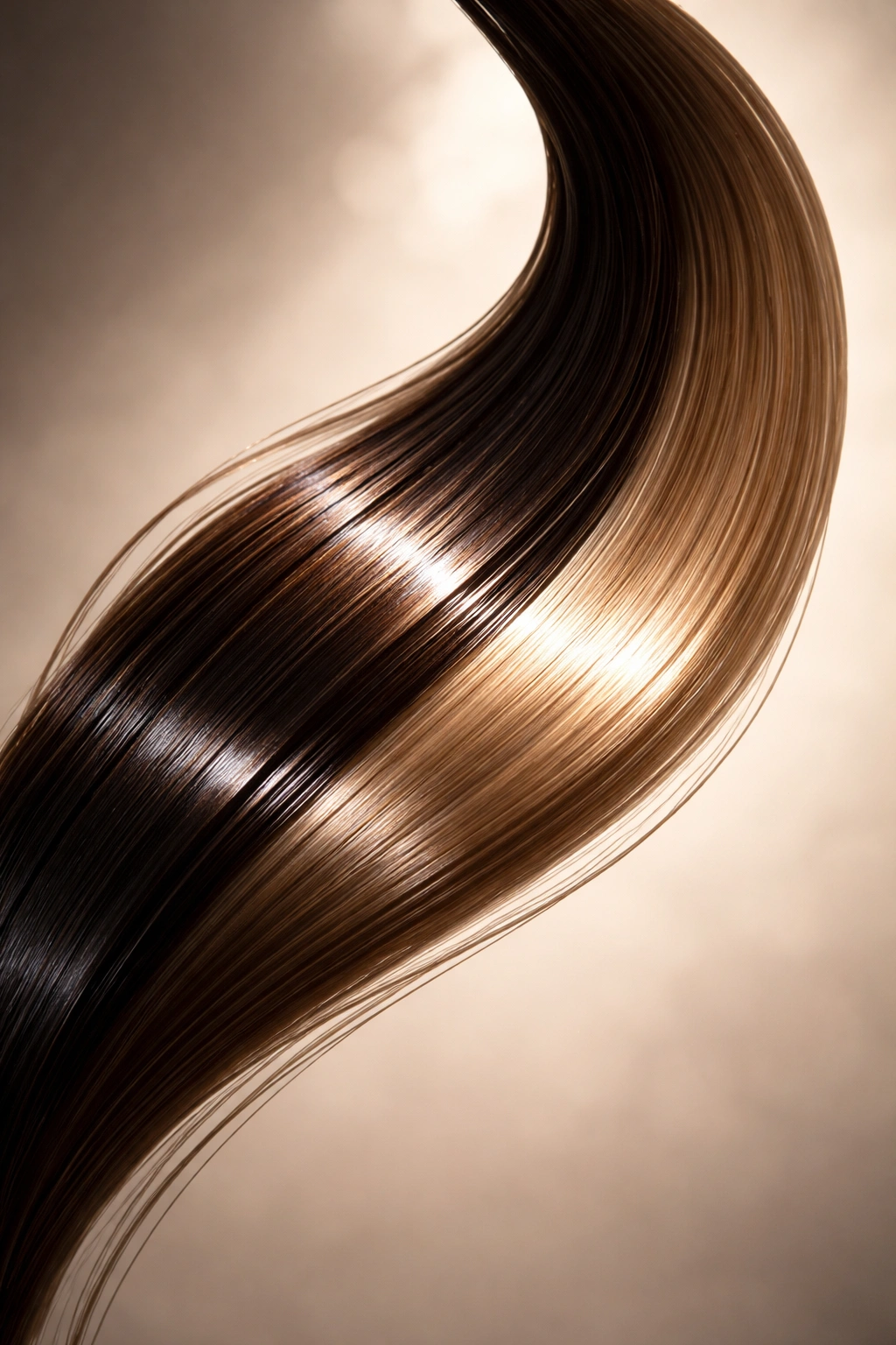 Close-up of a hair strand showing dual gloss and glaze finishes with high and subtle shine