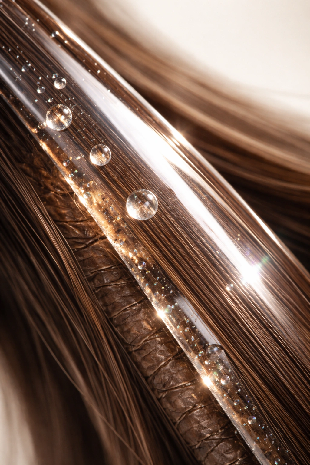 Macro close-up of a hair strand with smooth glossy surface showing cuticle refinements