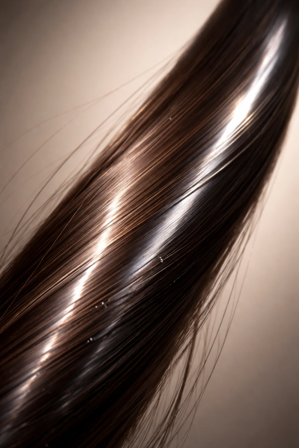 Close-up of a single glossy hair strand with a smooth cuticle and mirror-like shine
