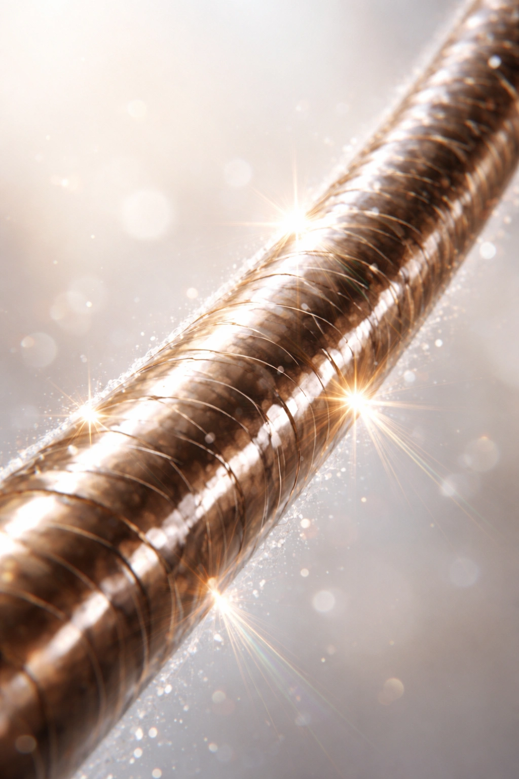 Macro hair strand with sealed cuticle reflecting light.