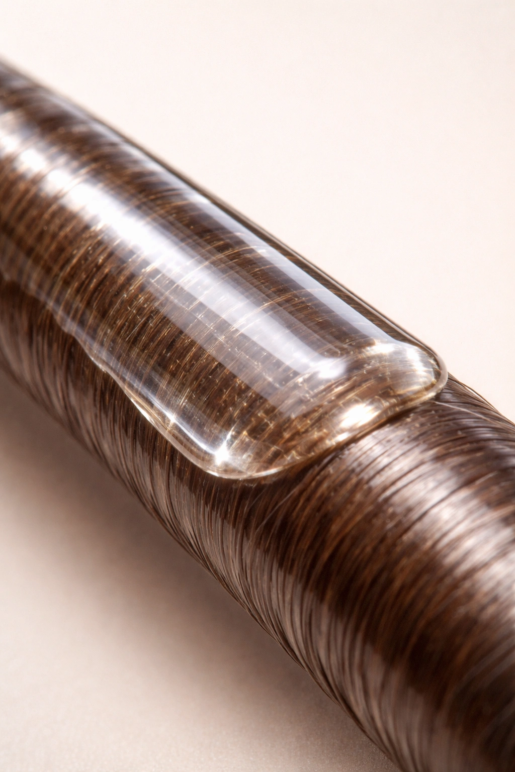 Hair strand with glossy surface showing surface-only coating.