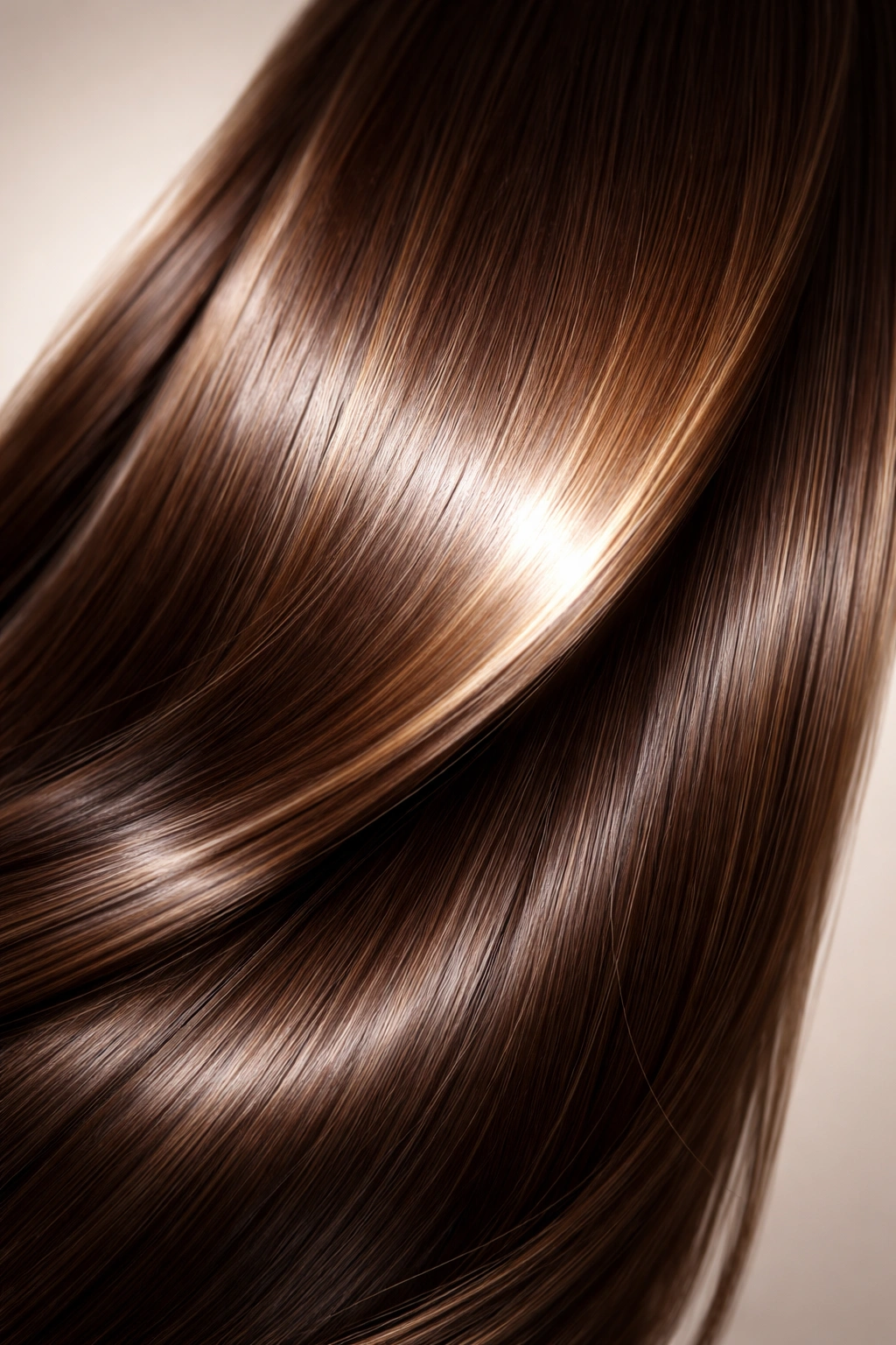 Close-up of a shiny hair strand with a smooth cuticle reflecting light