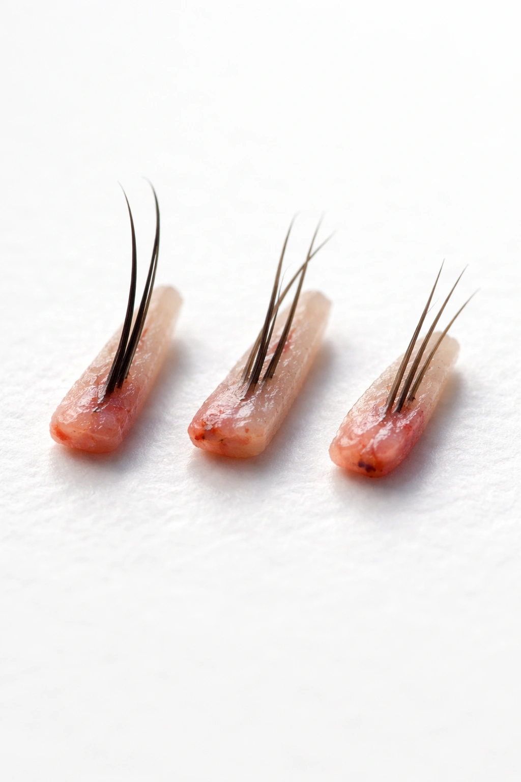 Three hair grafts showing different follicle quality and hair thickness